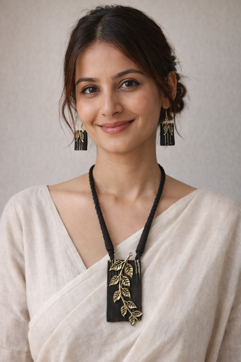 Black Ikat Printed Fabric Necklace Set with Metal Leaves Detailing