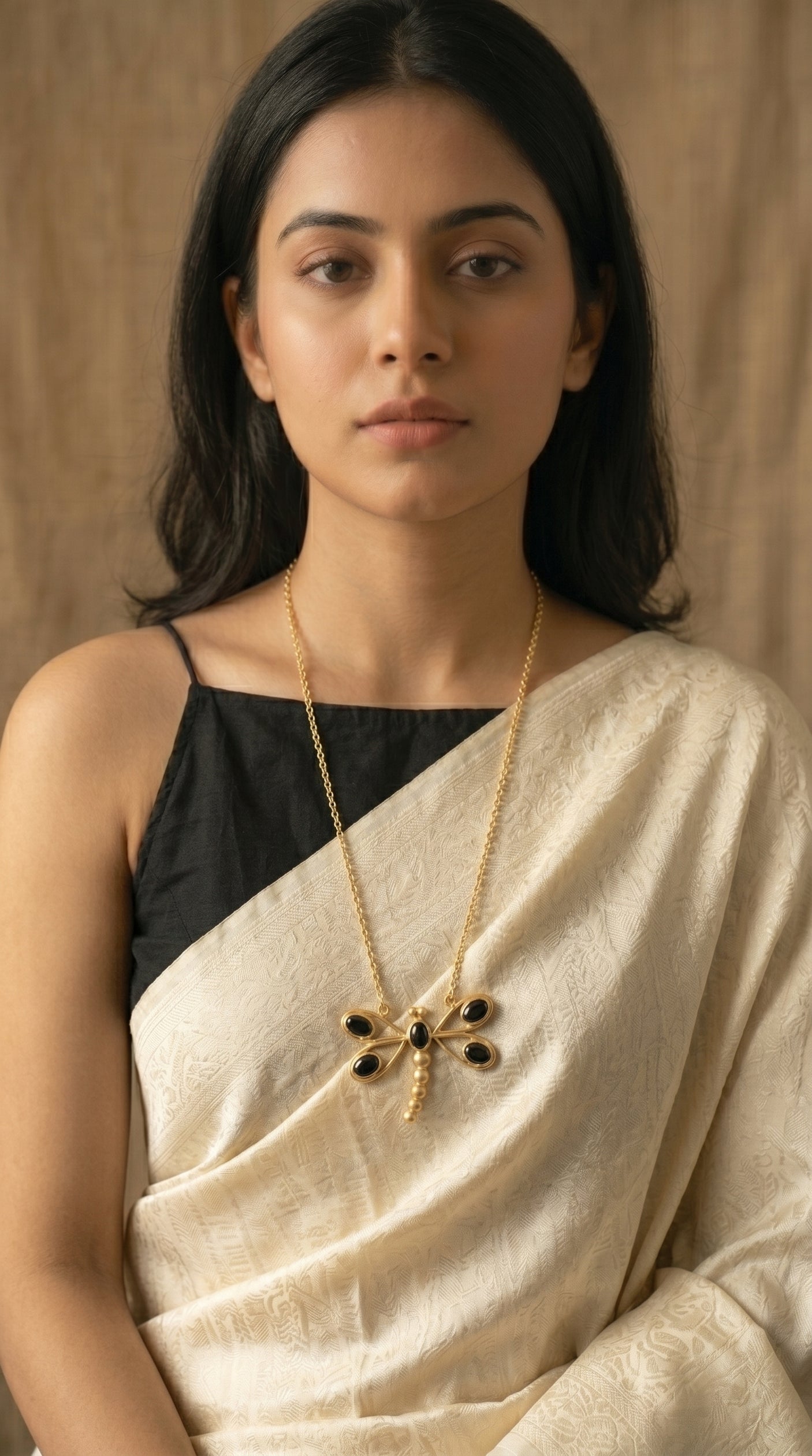 Black Onyx Dragonfly Pendant on Long Dainty Gold Chain Necklace
