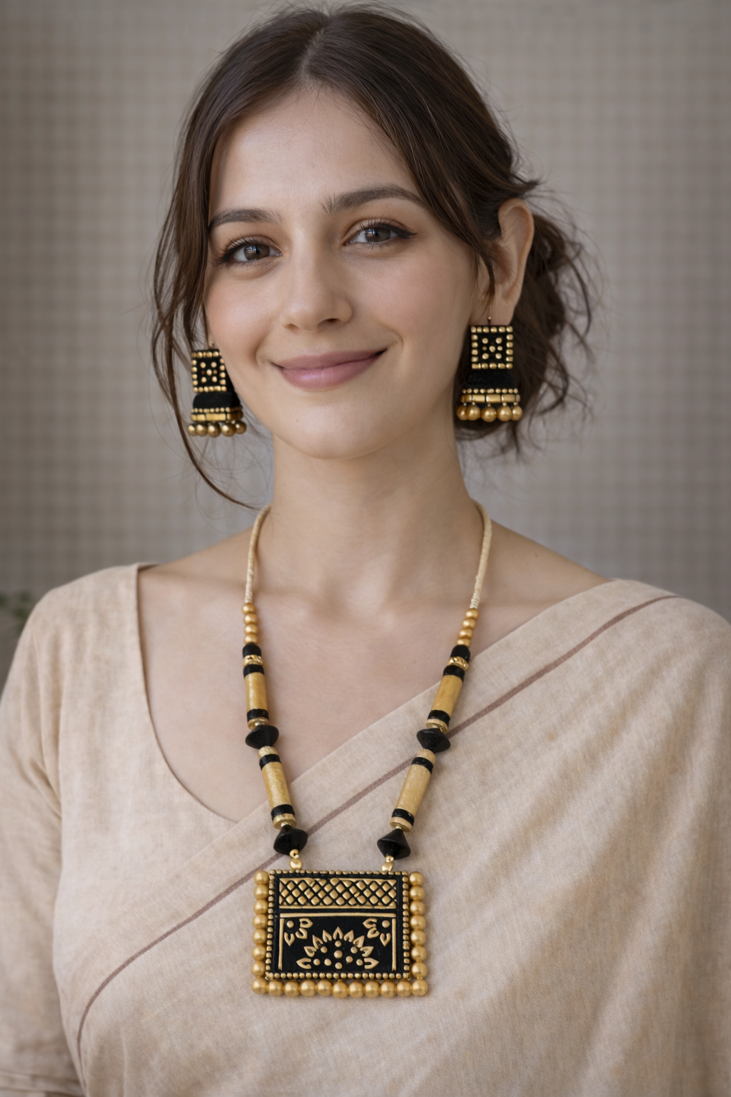 Black and Golden Beaded Terracotta Necklace