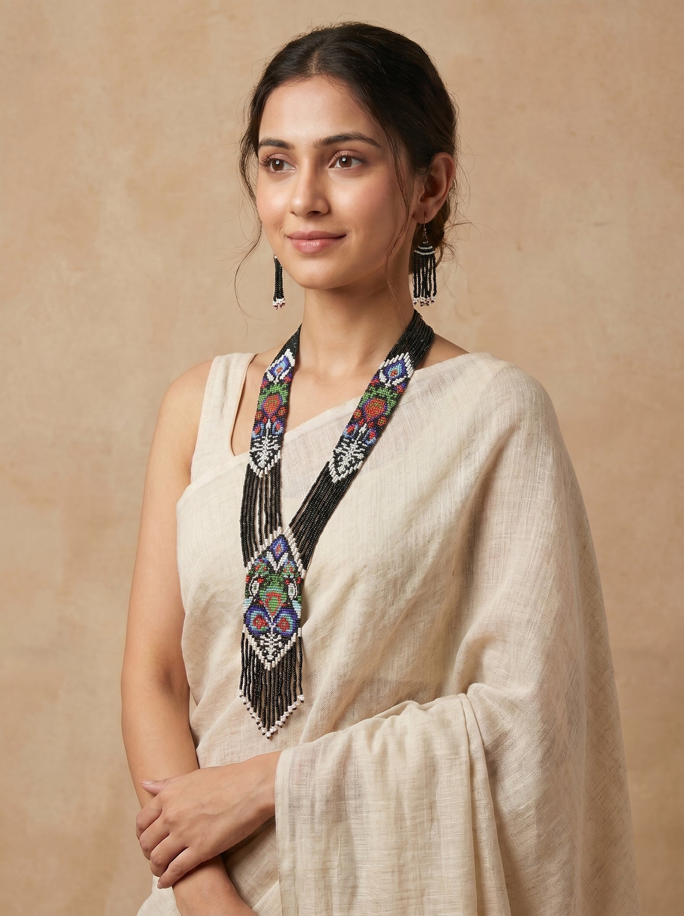 Black and Multi-Color Hand Beaded Long Necklace Set