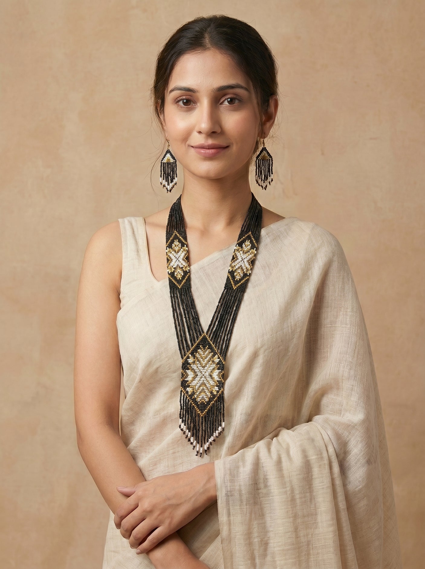 Black and Multi-Color Hand Beaded Long Necklace Set