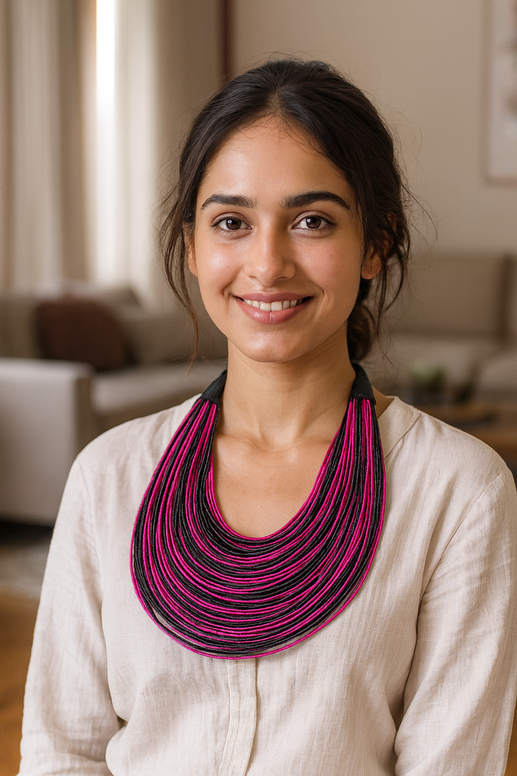 Black & Pink Handmade Silk Threads Multi-Layer Statement African Choker Necklace