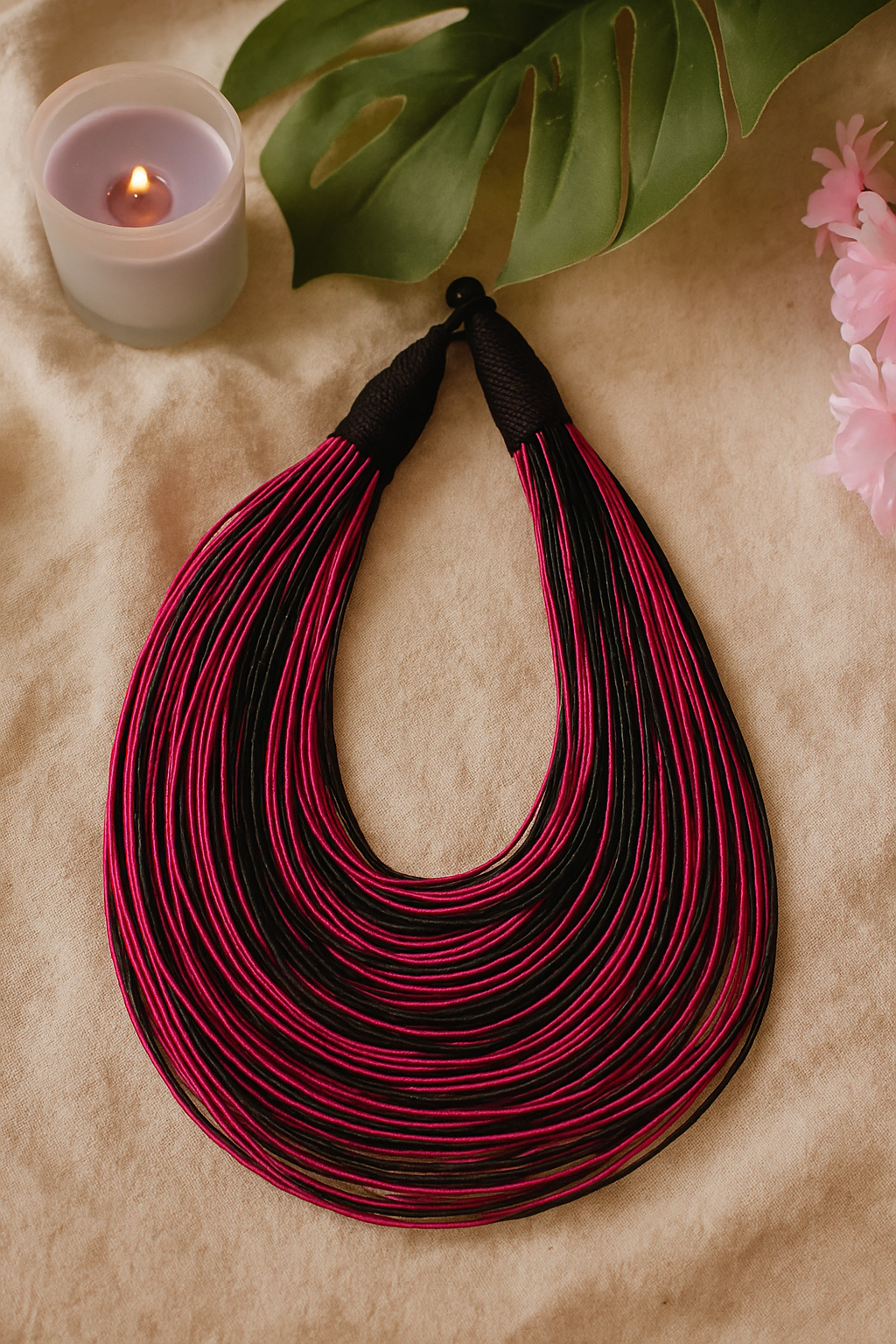 Black & Pink Handmade Silk Threads Multi-Layer Statement African Choker Necklace