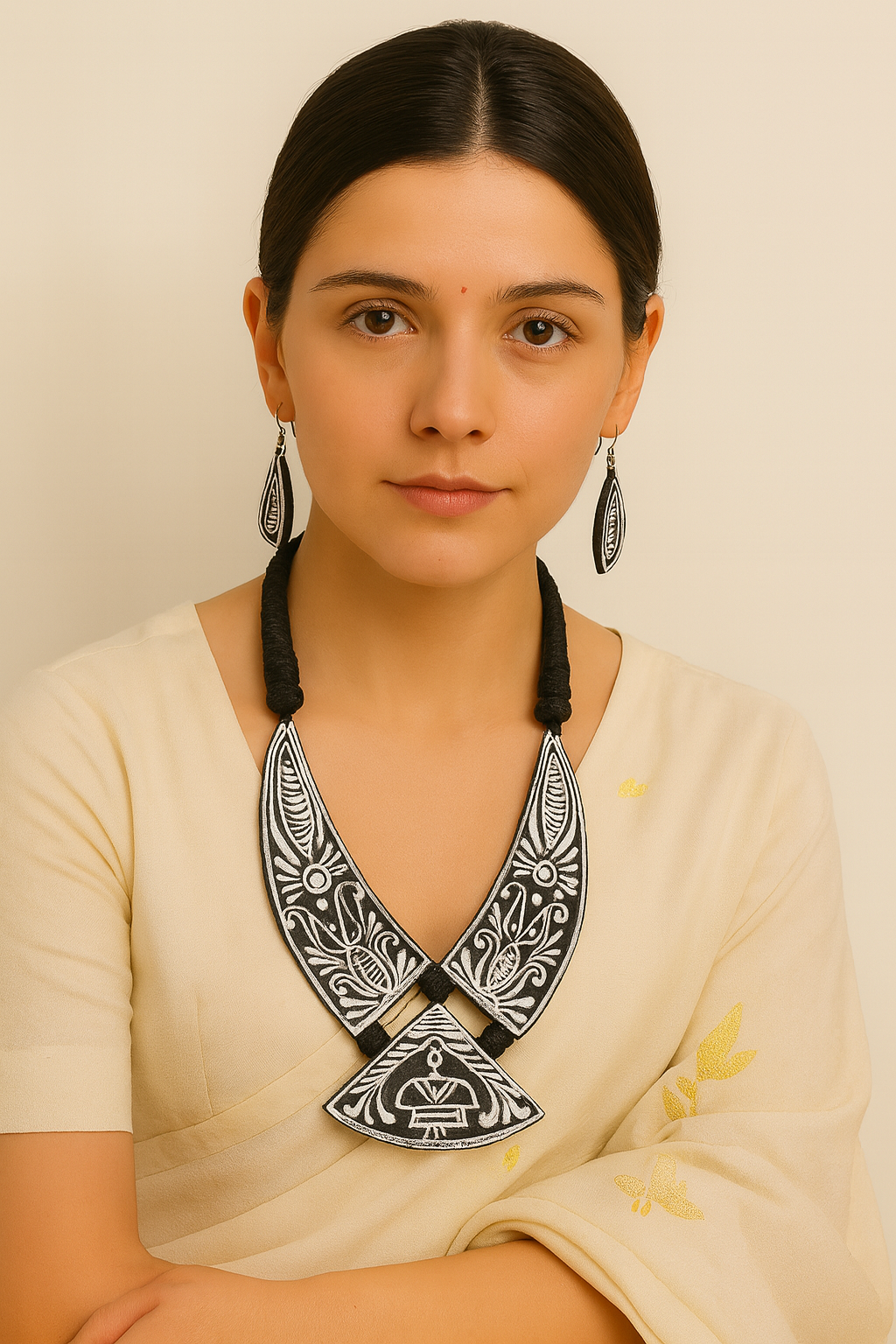 Black & White Hand Painted Fabric Black and White Adjustable Length Choker Necklace Set