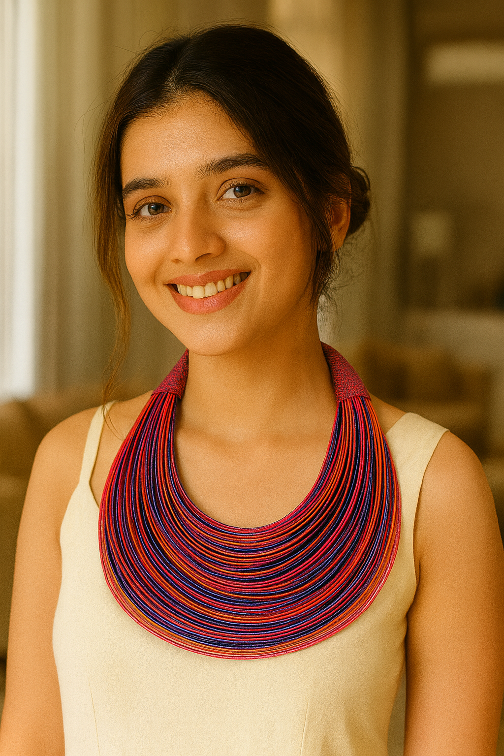 Blue, Pink & Orange Handmade Silk Threads Multi-Layer Statement African Choker Necklace