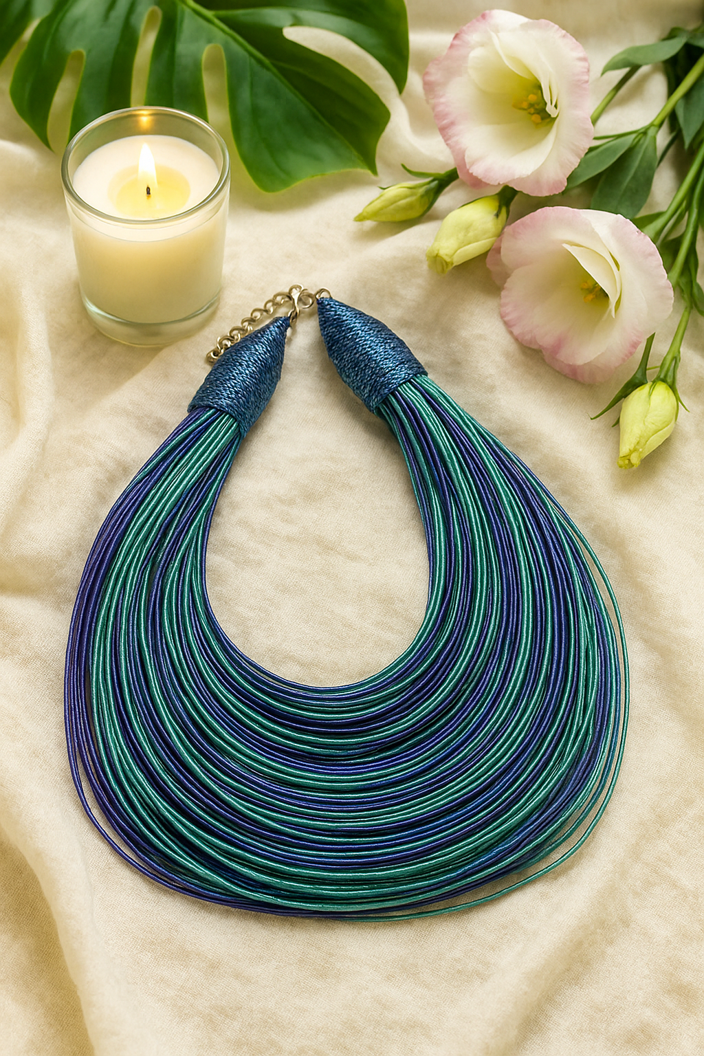 Shades of Blue Handmade Silk Threads Multi-Layer Statement African Choker Necklace