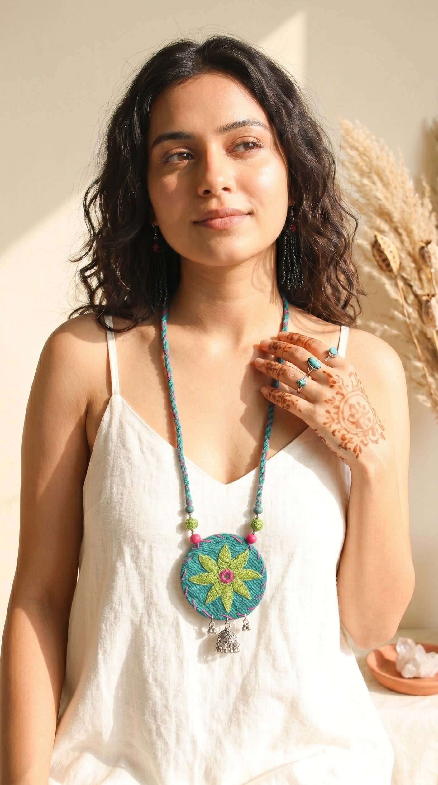 Blue and Green Hand Embroidered Mirror Necklace