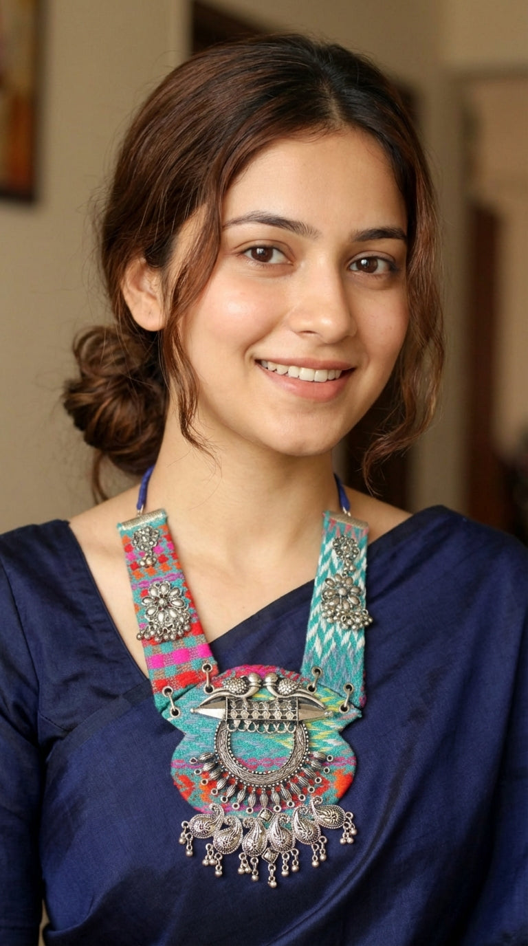 Blue and Multi-Color Hand Embroidered Collar Necklace with Metal Accents