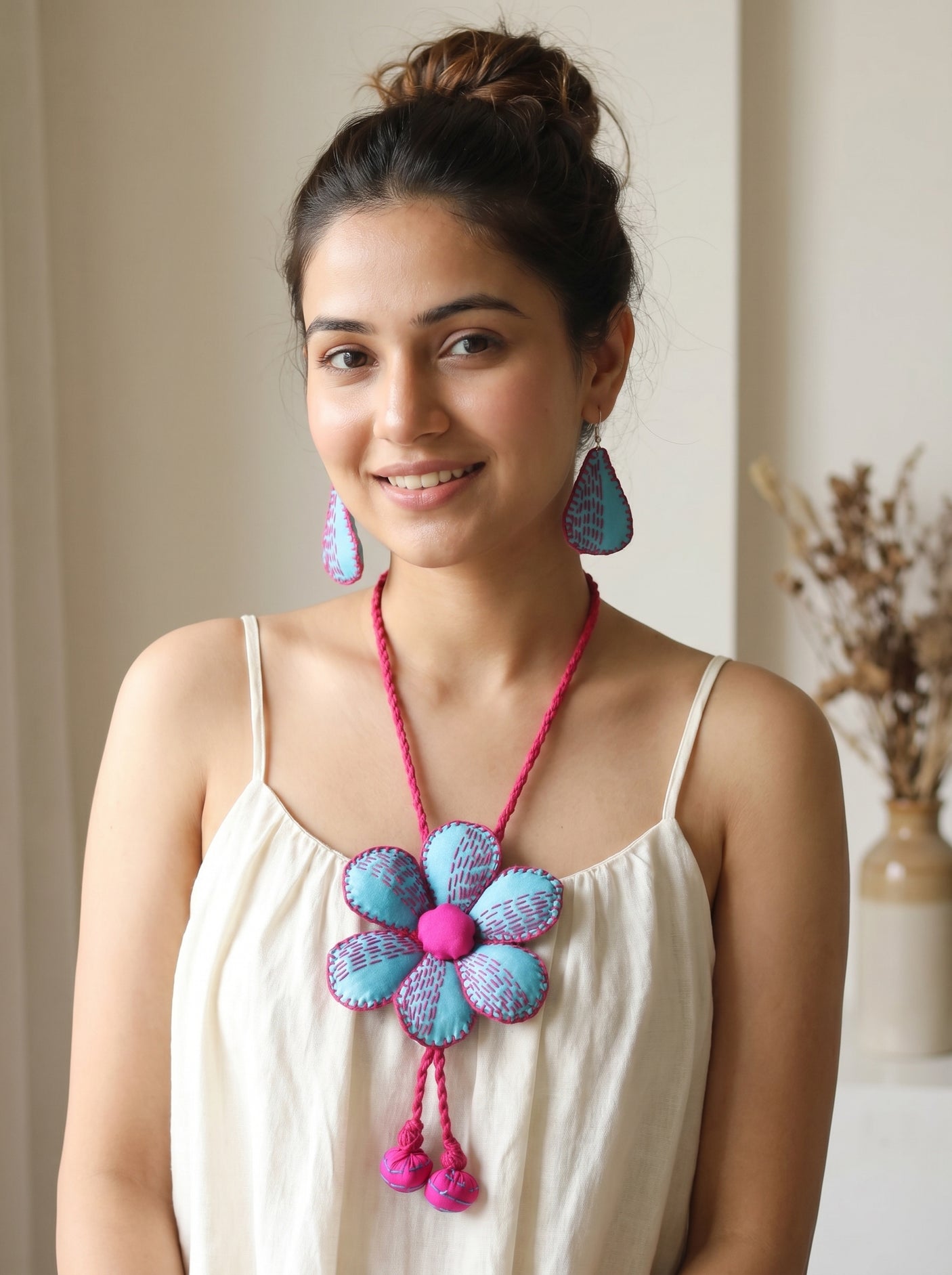 Blue and Pink Fabric Hand Embroidered Flower Thread Closure Necklace Set