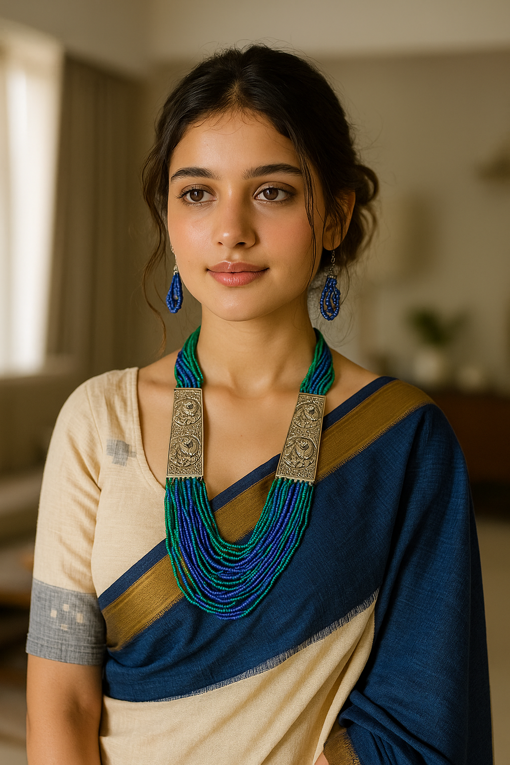 Blue and Purple Beaded Multi Layered Necklace Set with Metal Detailing