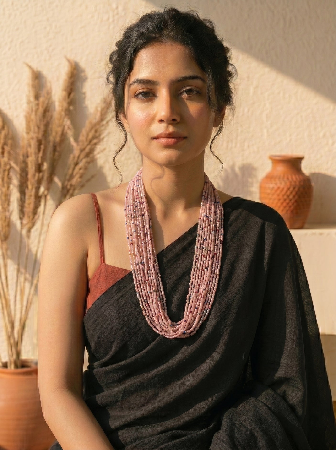 Blush Pink Beads Hand Beaded Multi-Layer Necklace
