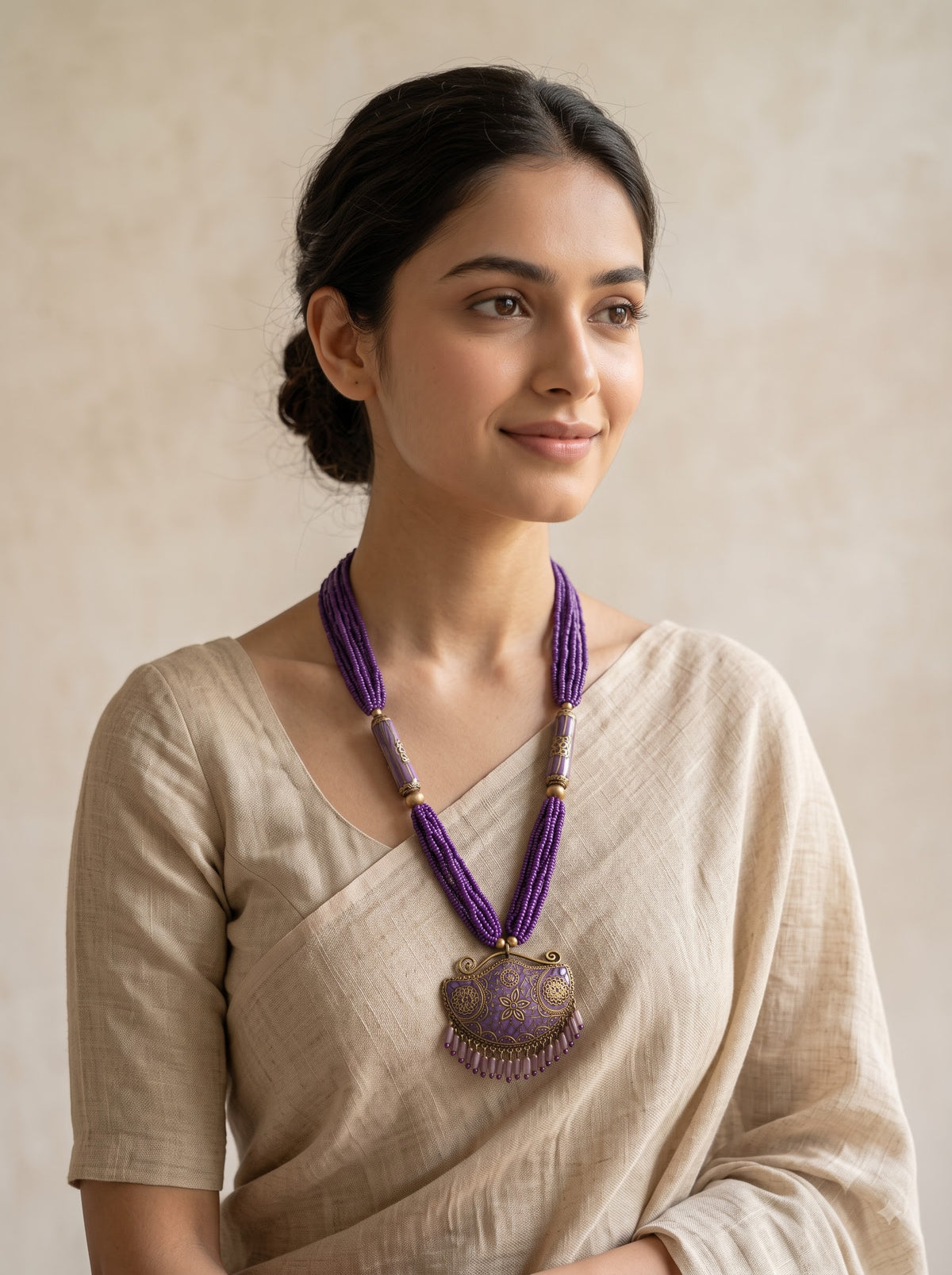 Boho Purple Tibetan Mosaic Crescent Pendant Statement Necklace