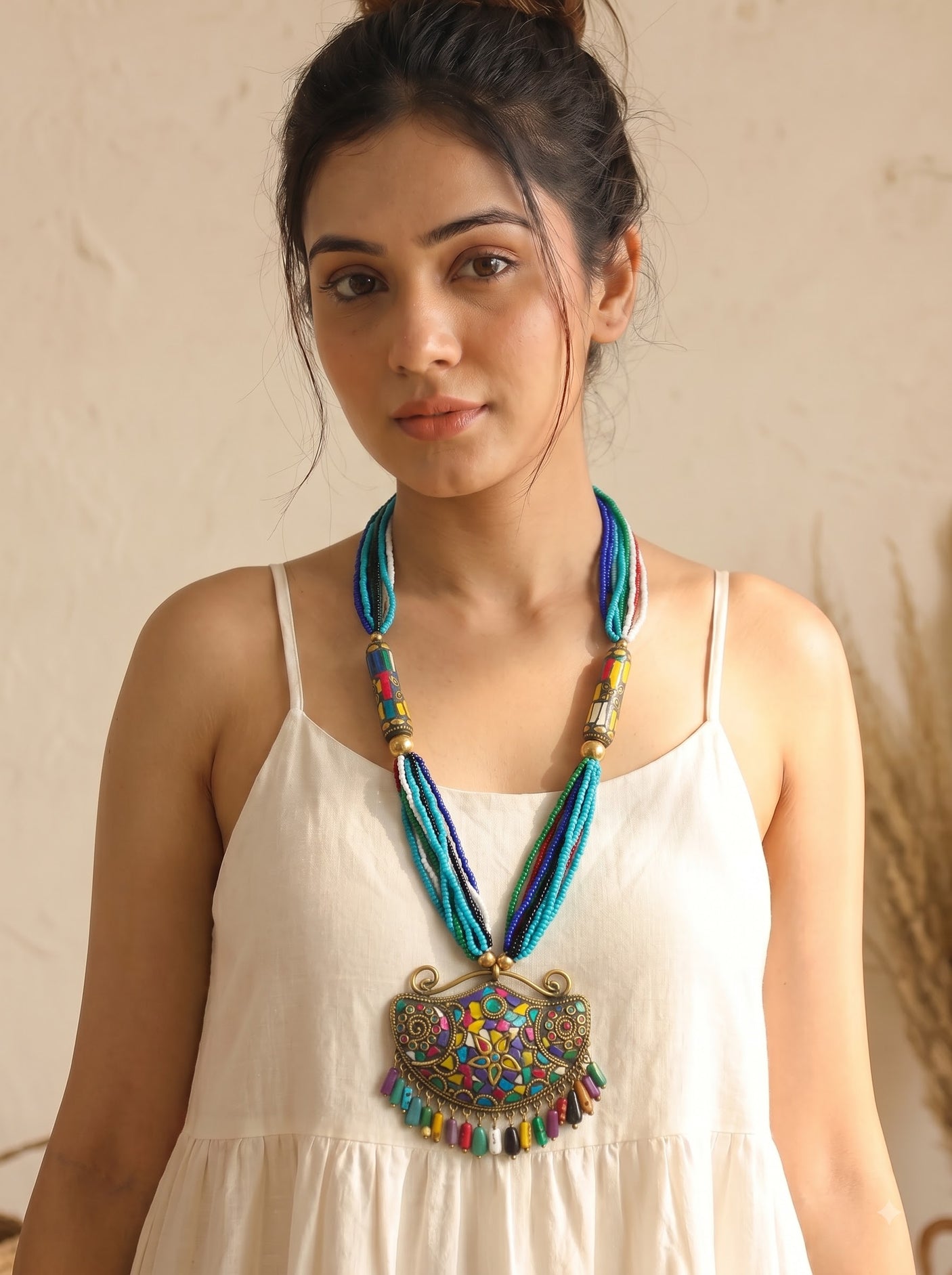 Boho Tibetan Mosaic Pendant Rainbow Seed Bead Statement Necklace