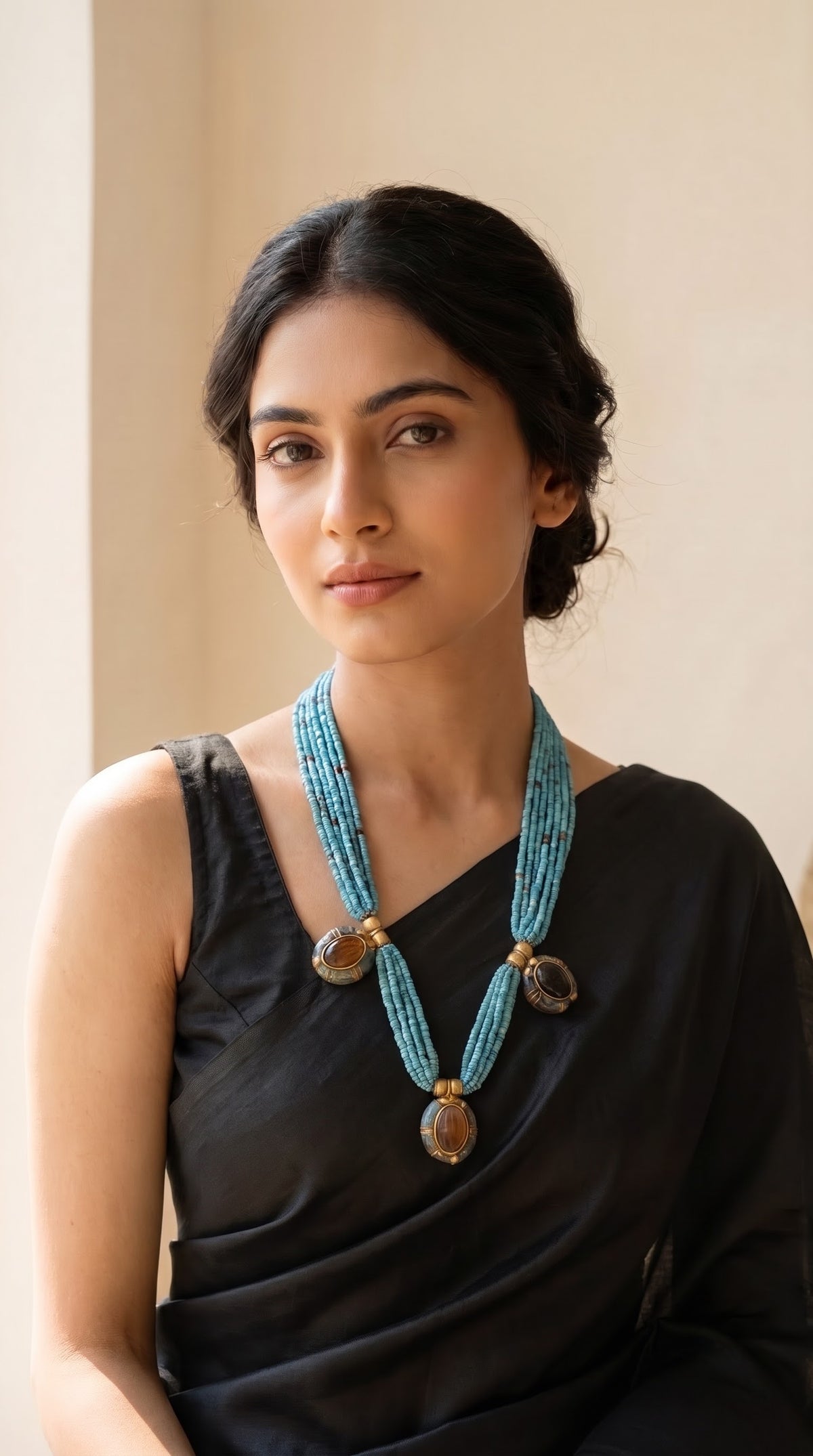 Boho Tibetan Triple Medallion Charm Blue Beads Statement Necklace