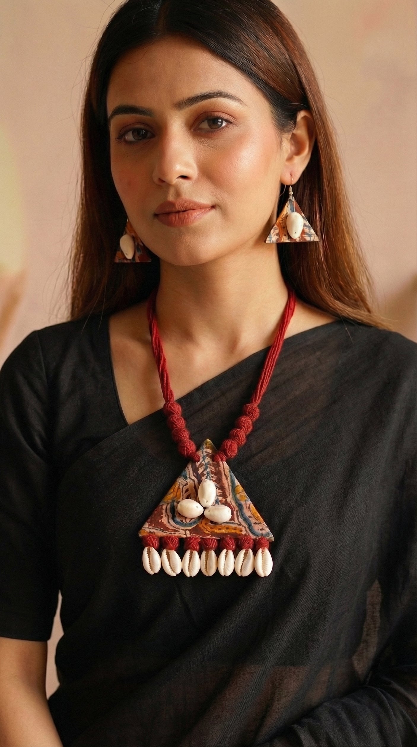 Boho Tribal Kalamkari Fabric Cowrie Shell Necklace Set