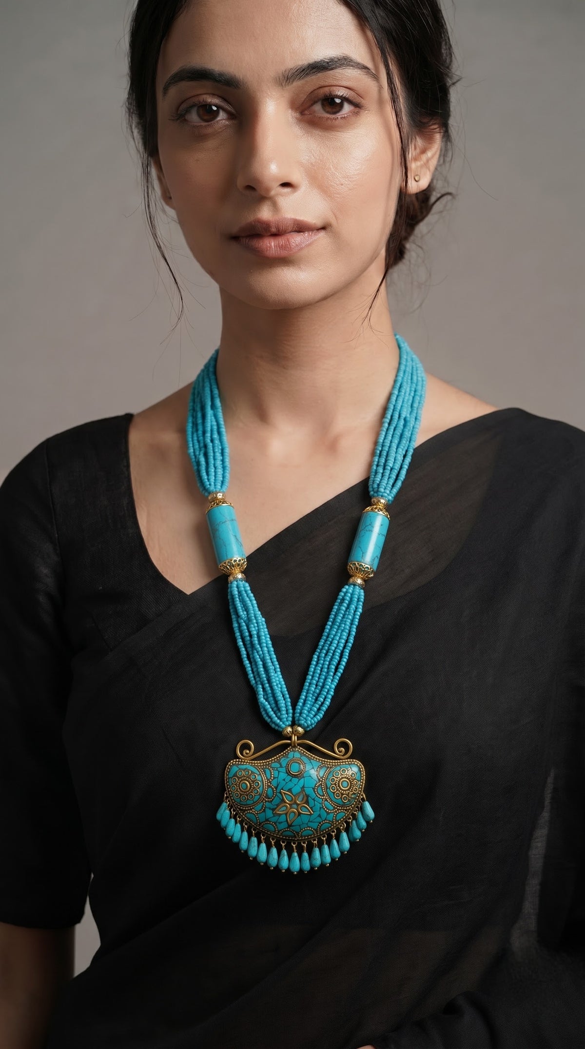 Boho Turquoise Tibetan Mosaic Crescent Pendant Statement Necklace