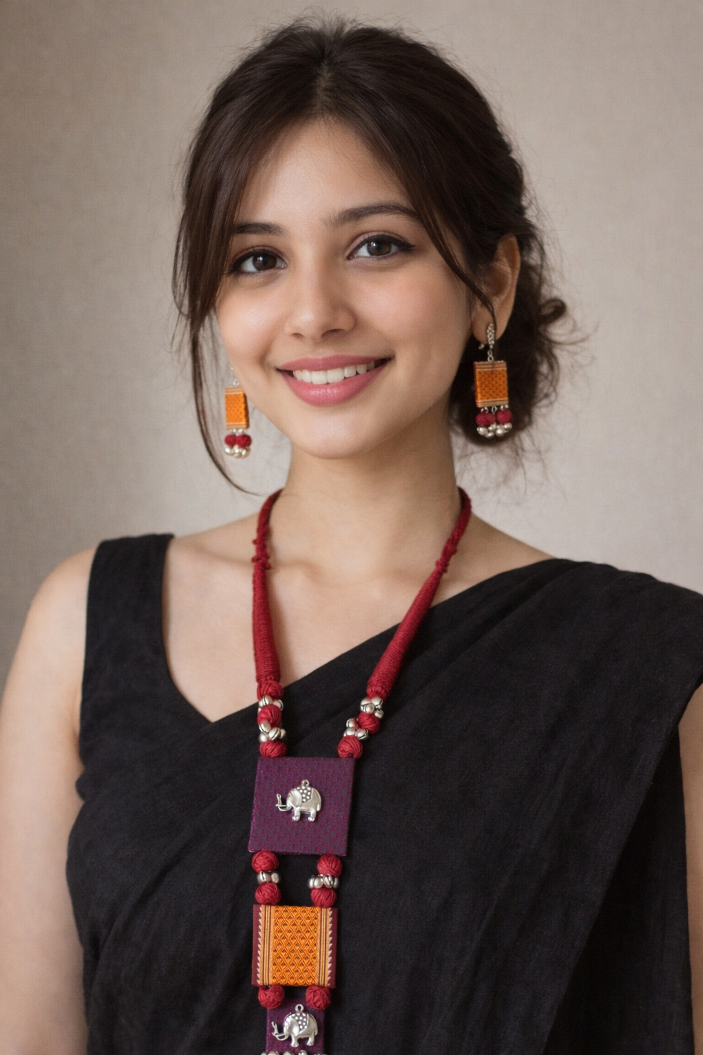 Brocade Fabric Muted Adjustable Length Necklace Set