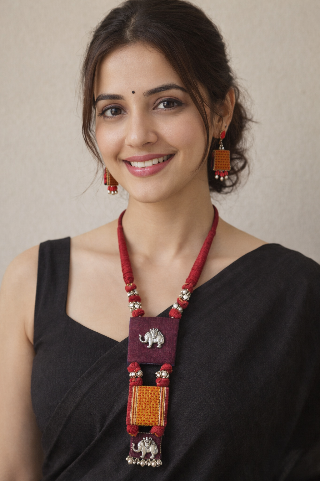 Brocade Fabric Muted Adjustable Length Necklace Set