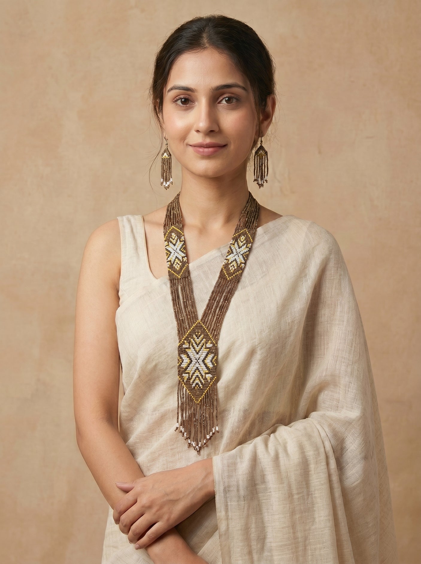 Bronze Hand Beaded Long Necklace Set