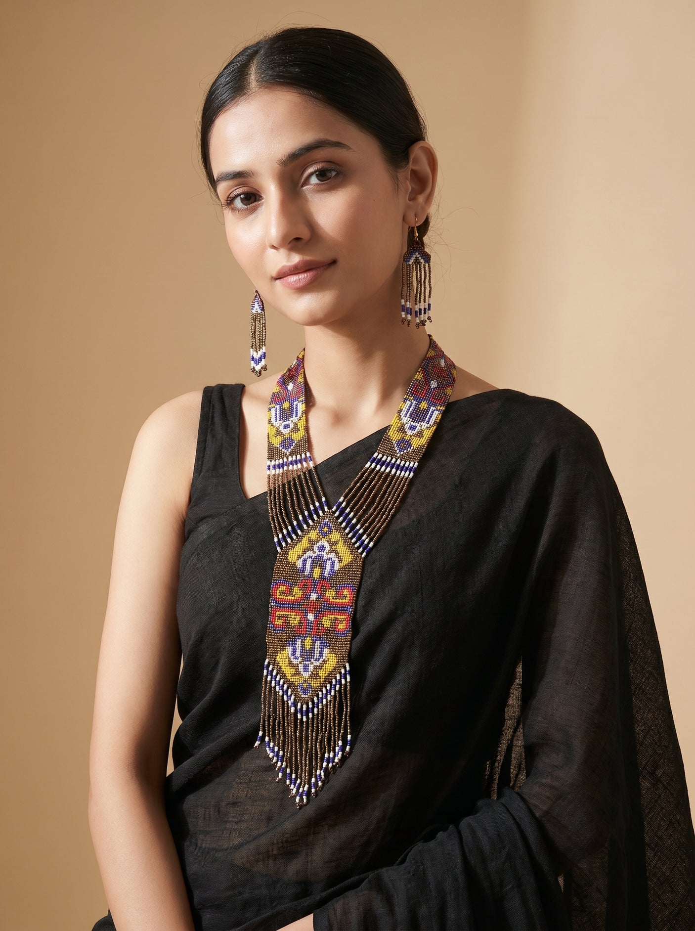 Bronze and Multi-Color Hand Beaded Long Necklace Set