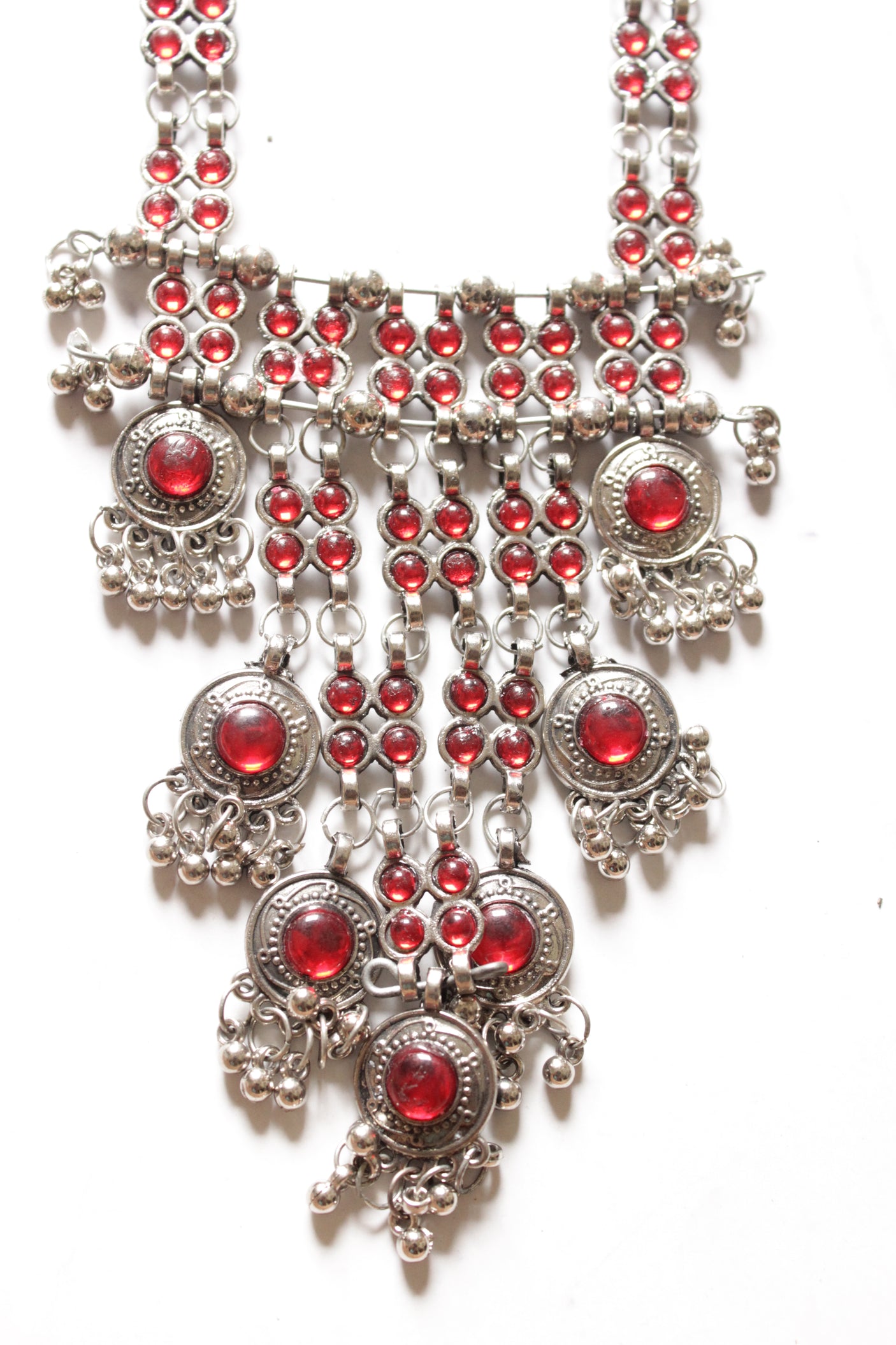 Red Glass Work Oxidised Finish Long Adjustable Length Necklace Set