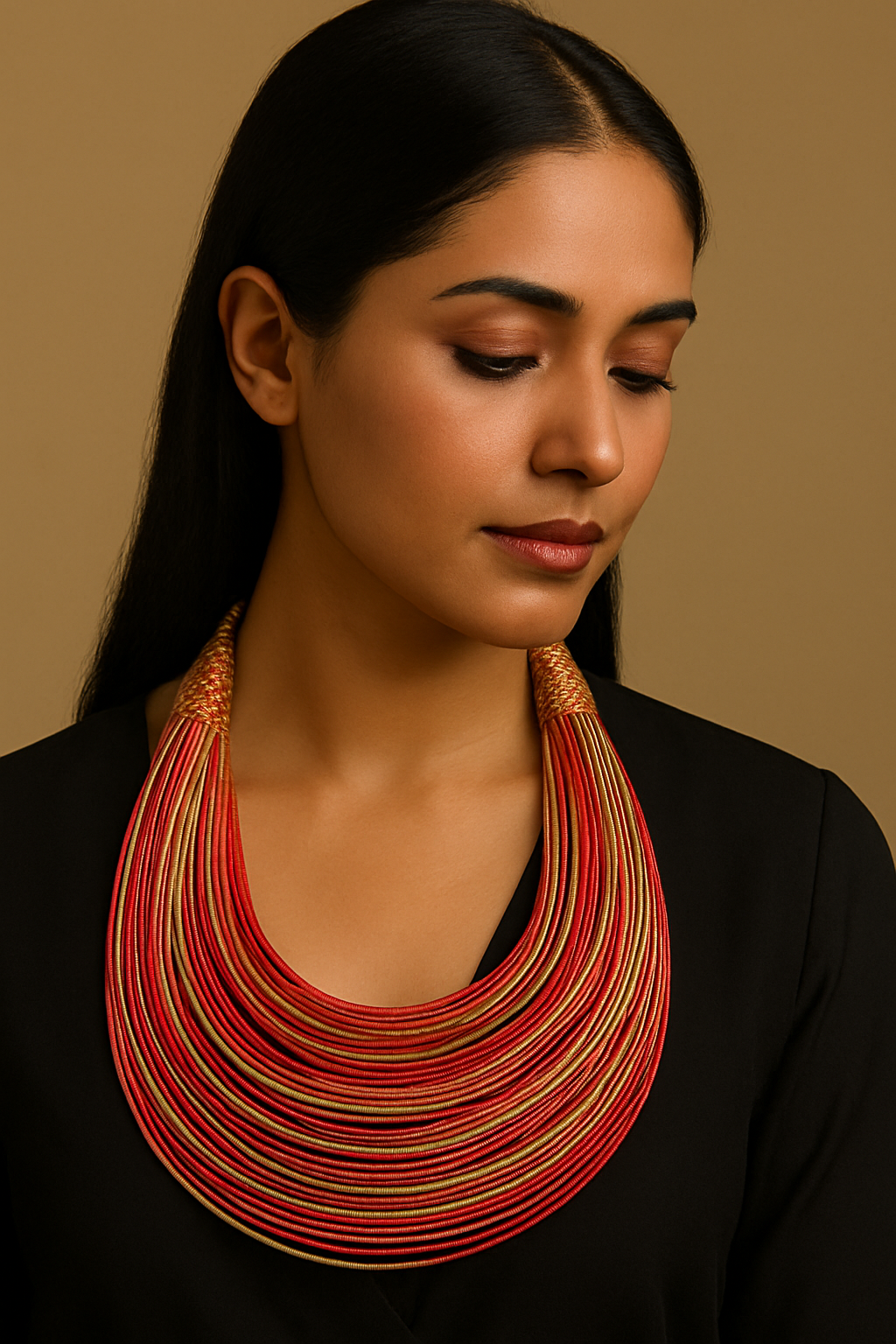Muted Beige and Red Handmade Silk Threads Multi-Layer Statement African Choker Necklace