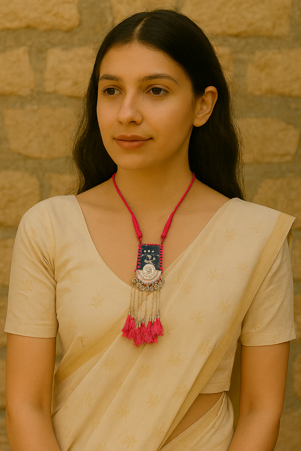 Indigo and Pink Vibrant Handmade Necklace with Metal Chain Strings