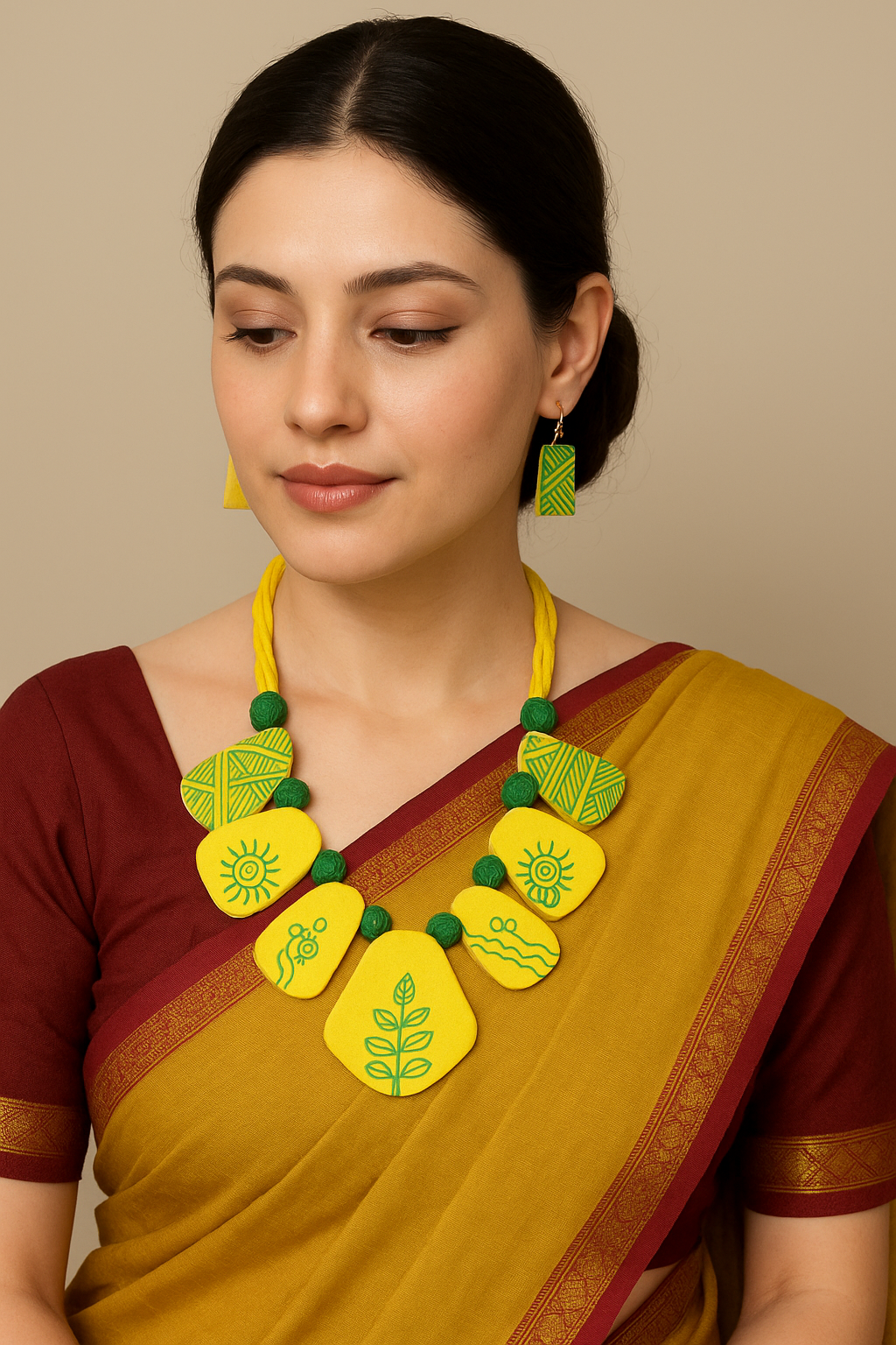 Vibrant Yellow and Green Hand Painted Fabric Choker Necklace Set with Adjustable Closure