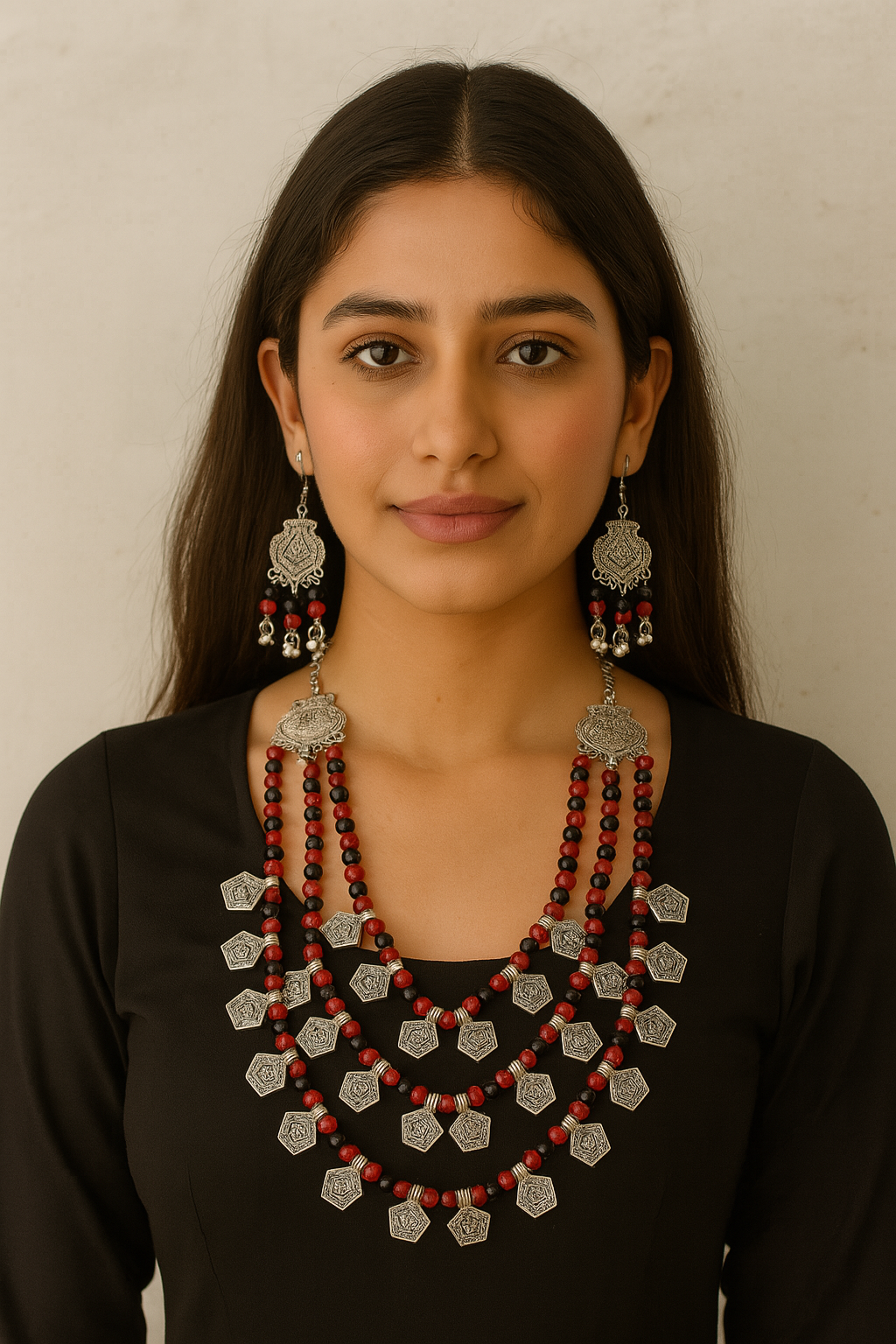 Afghani Glass Beads Stamped Coins Necklace Set with Black & Red Glass Beads