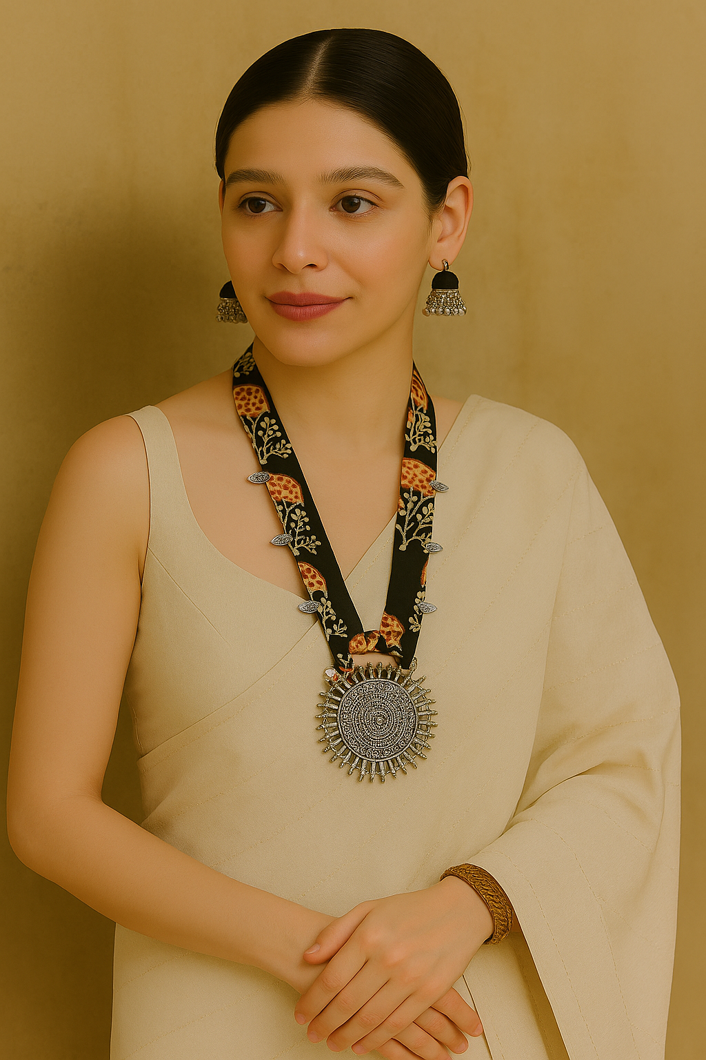 Black and Maroon Block Printed Fabric and Oxidised Metal Pendant Collar Necklace Set