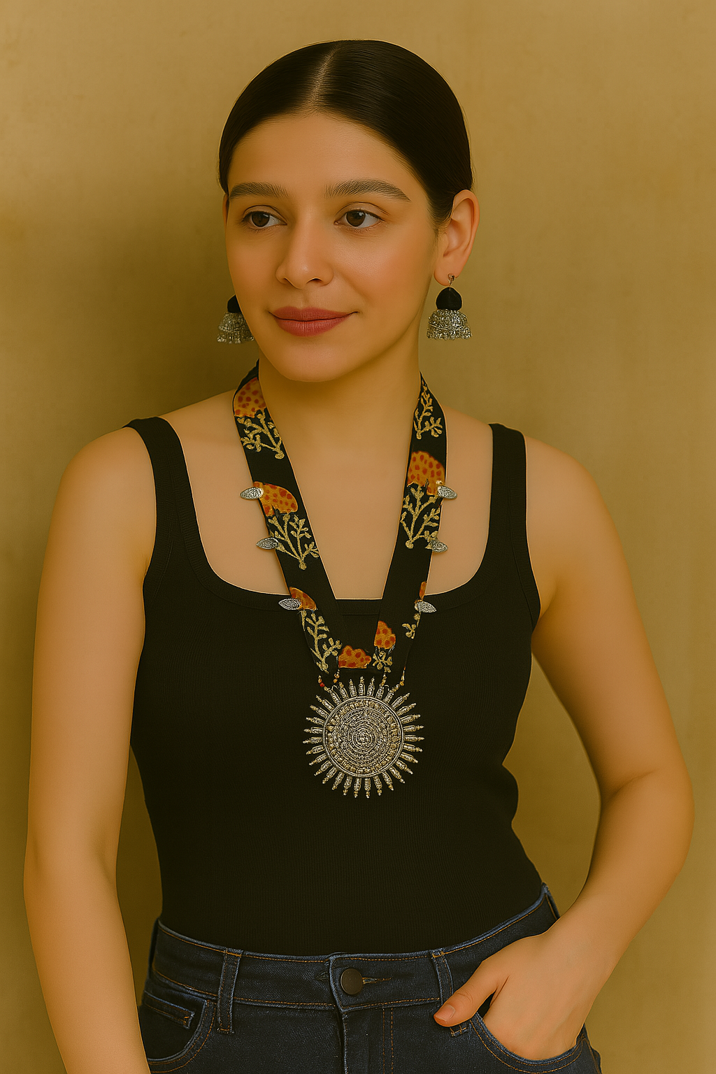 Black and Maroon Block Printed Fabric and Oxidised Metal Pendant Collar Necklace Set