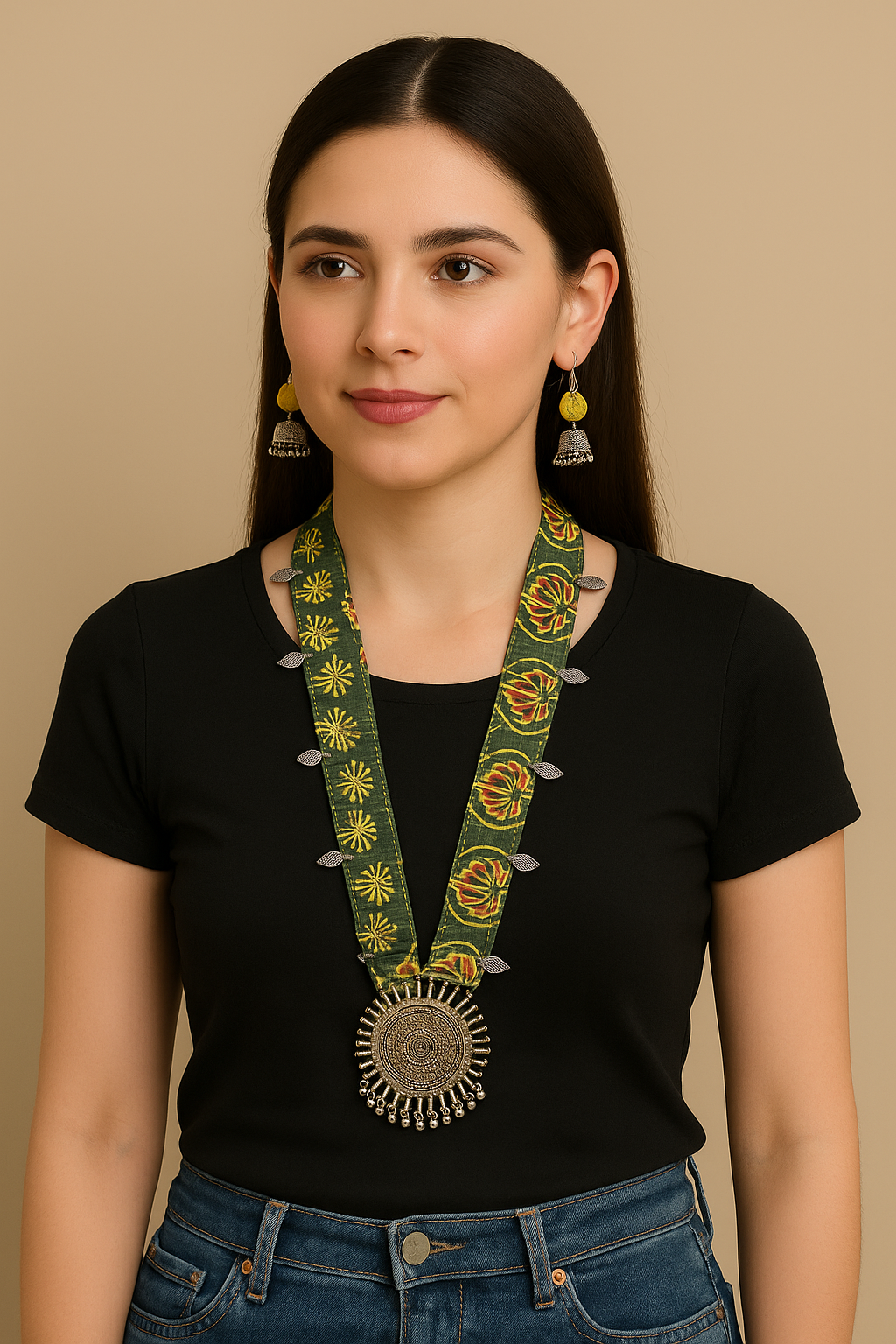 Green Block Printed Fabric Collar Necklace Set with Metal Pendant and Charms