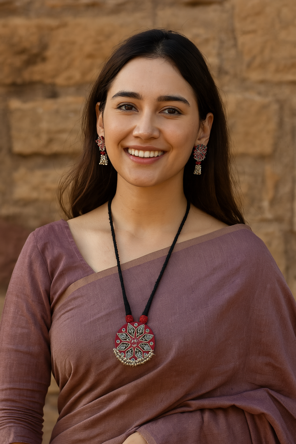 Block Printed Red Fabric Adjustable Thread Closure Necklace Set with Jhumka Earrings