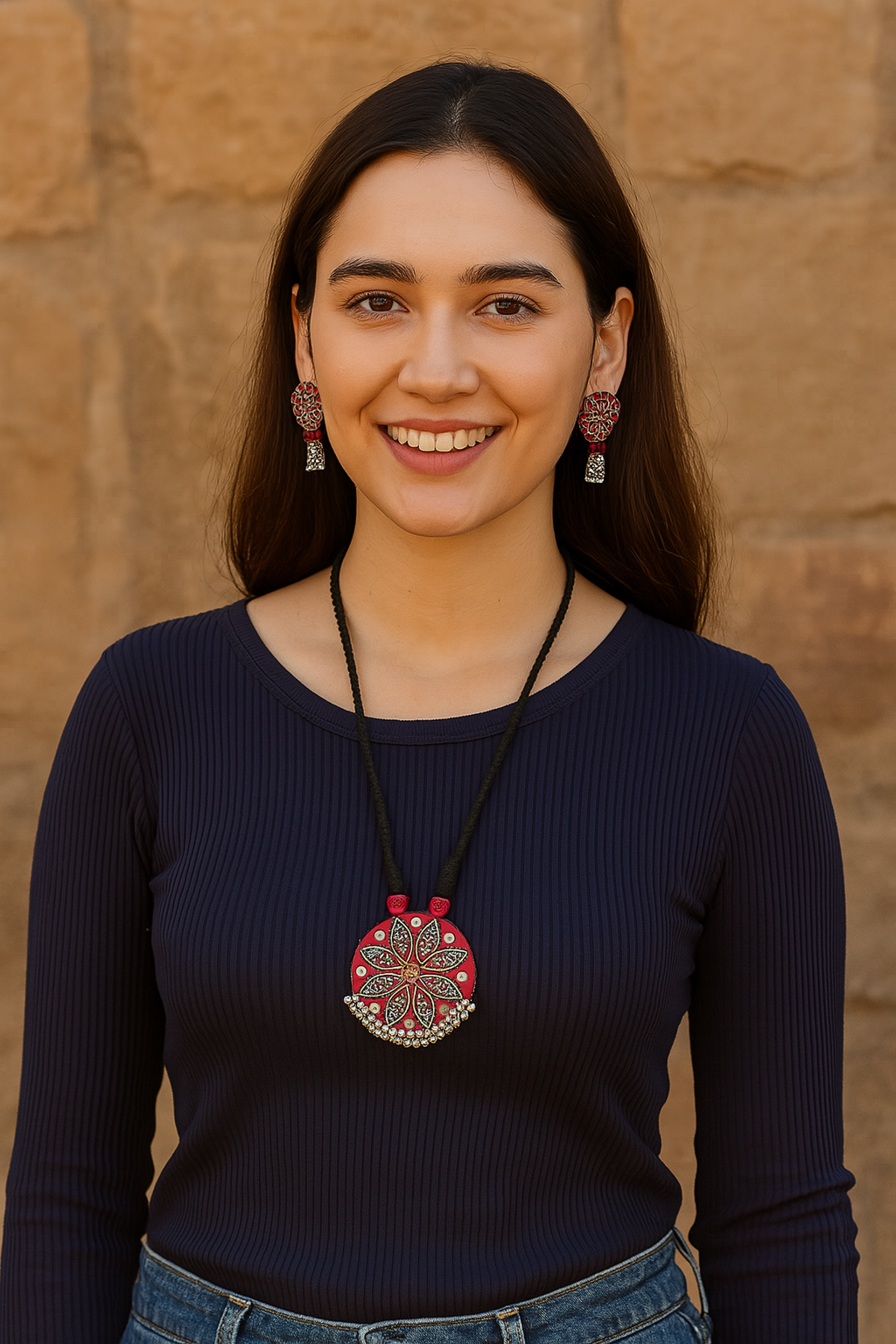 Block Printed Red Fabric Adjustable Thread Closure Necklace Set with Jhumka Earrings