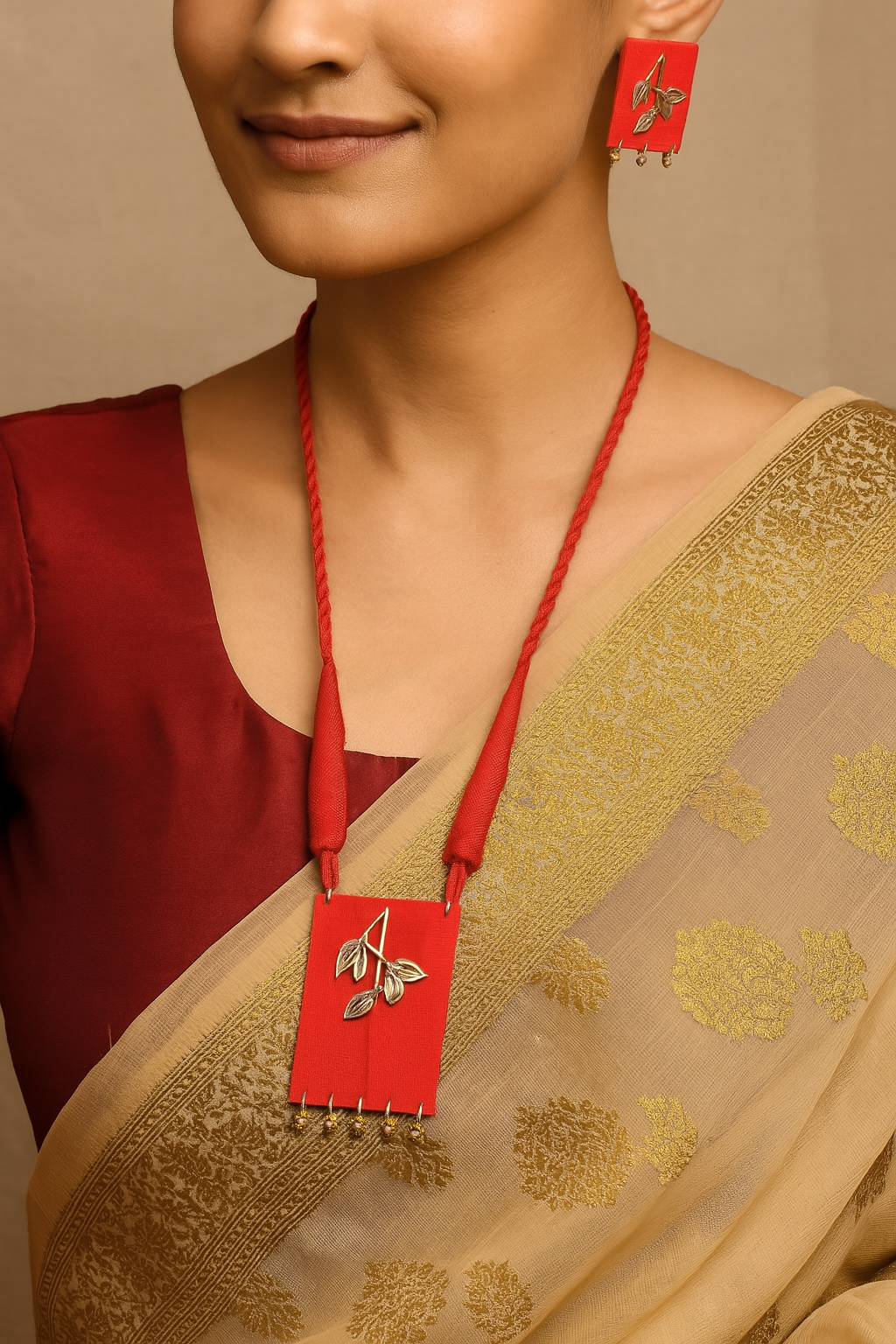 Red Fabric Necklace Set with Metal Leaves and Beads Detailing