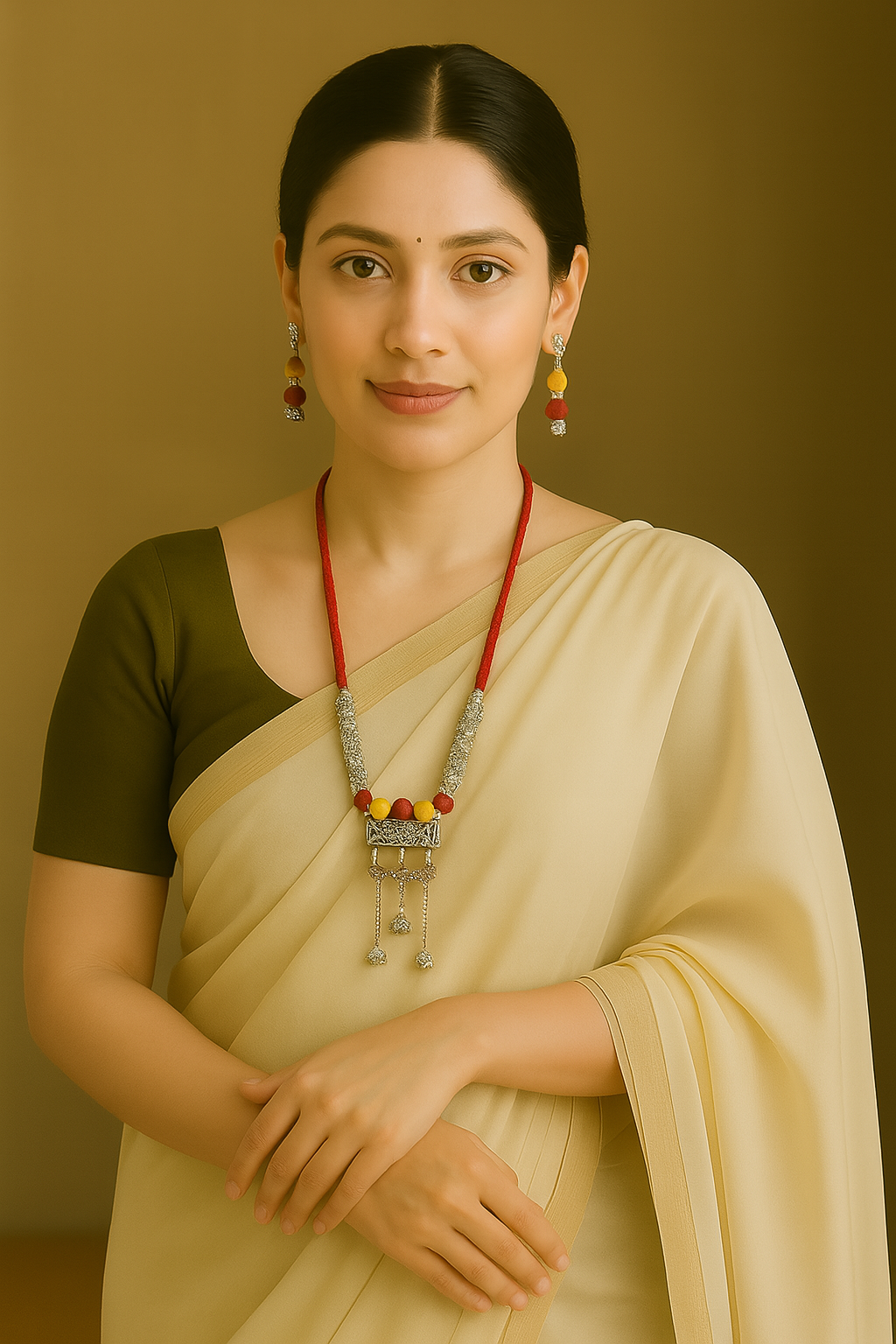 Fabric Beads and Metal Necklace Set with Dangler Earrings