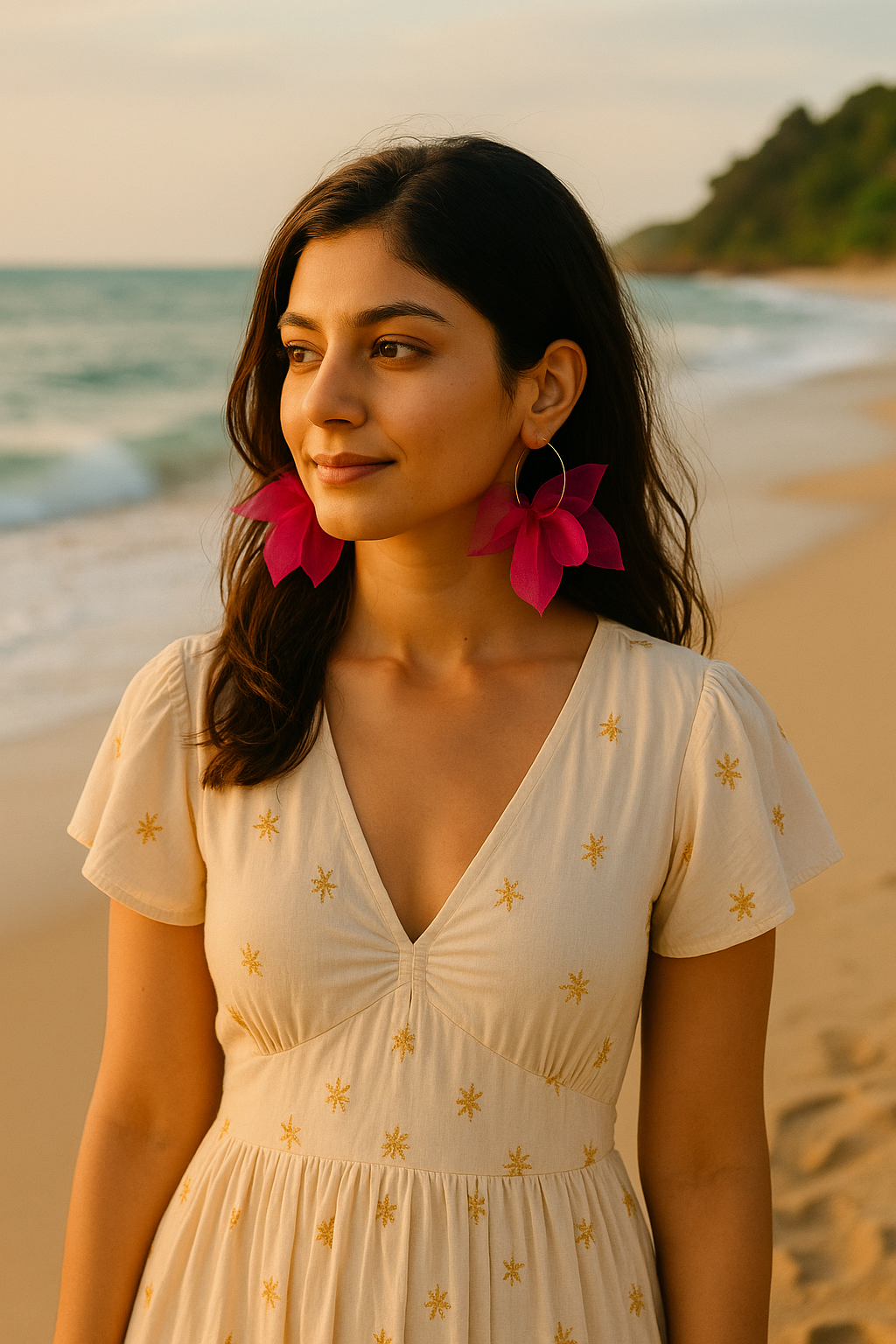 Pink Organza Fabric Flower Gold Toned Hoop Earrings