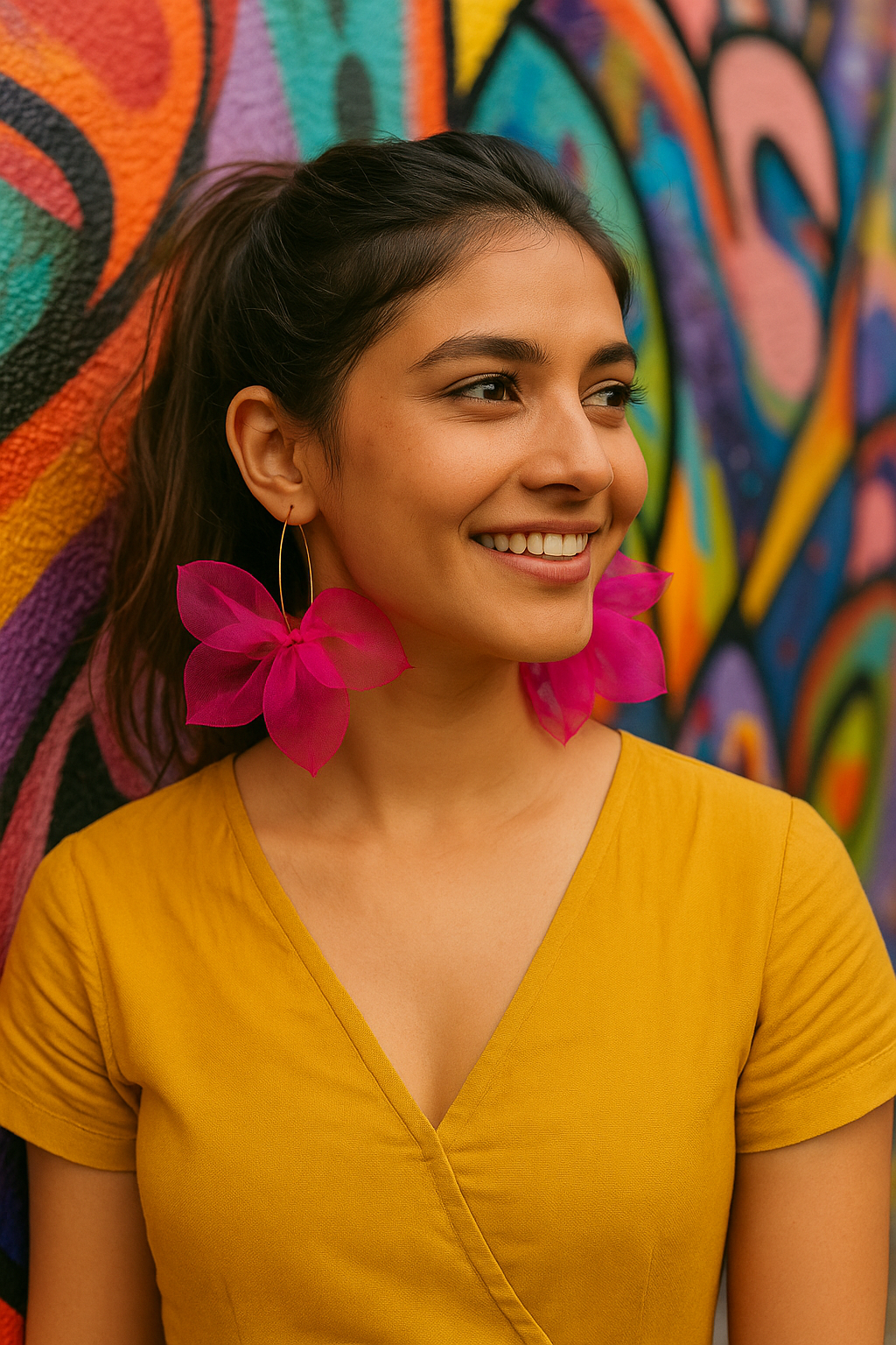 Pink Organza Fabric Flower Gold Toned Hoop Earrings