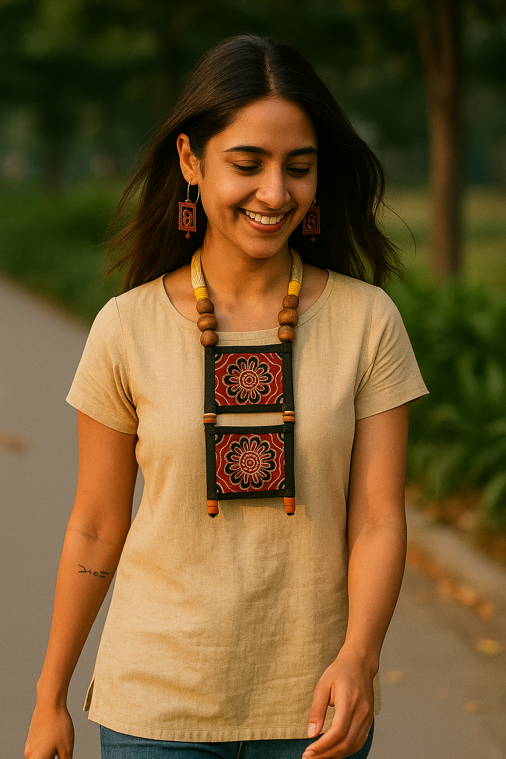 Ajrakh Fabric Handmade Necklace Set with Adjustable Thread Closure