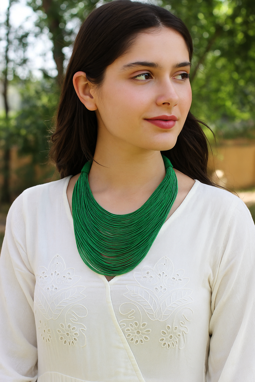 Bottle Green Handmade Silk Threads Multi-Layer Statement African Choker Necklace