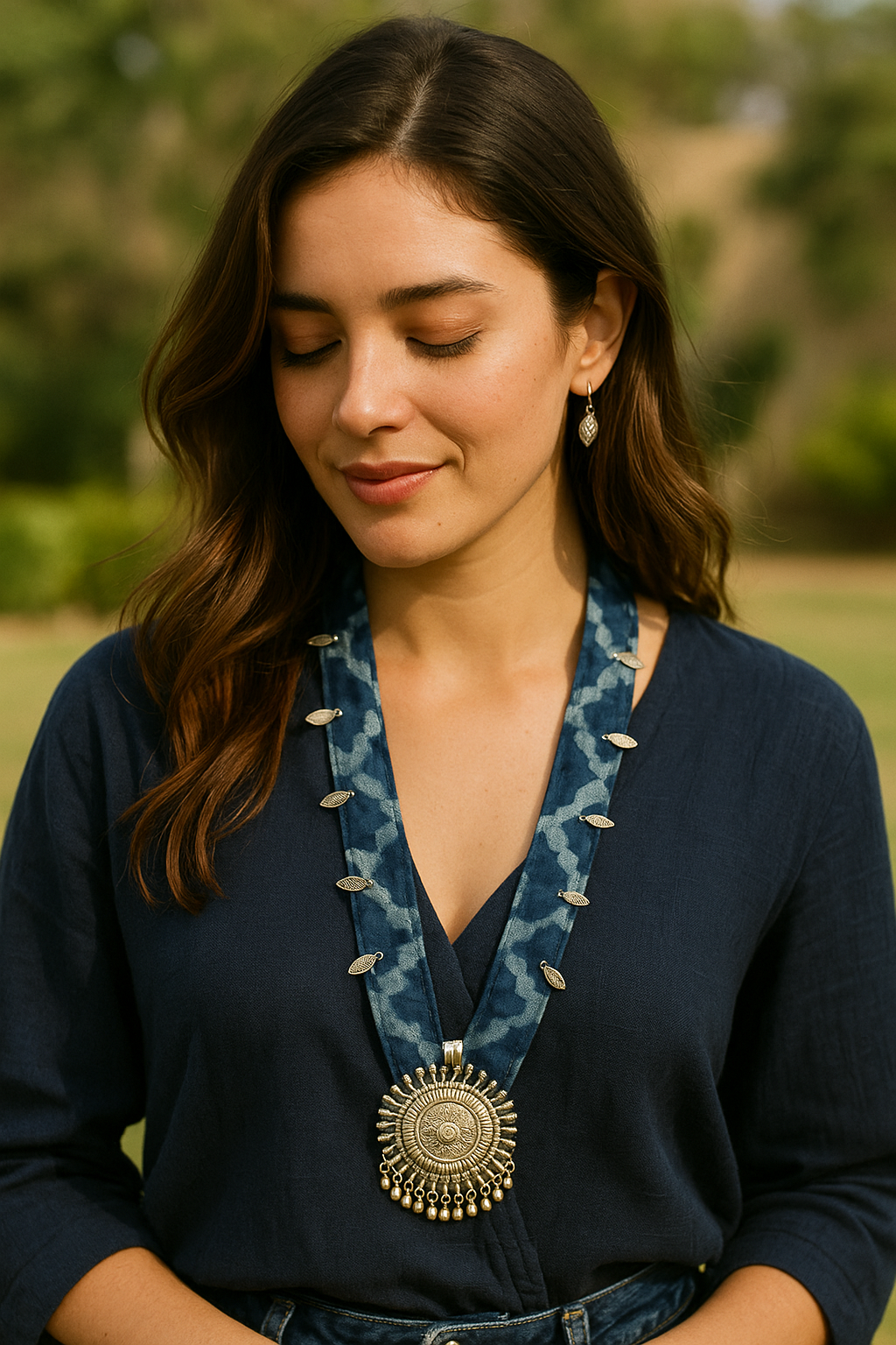Indigo Block Printed Fabric and Oxidised Metal Pendant Collar Necklace Set