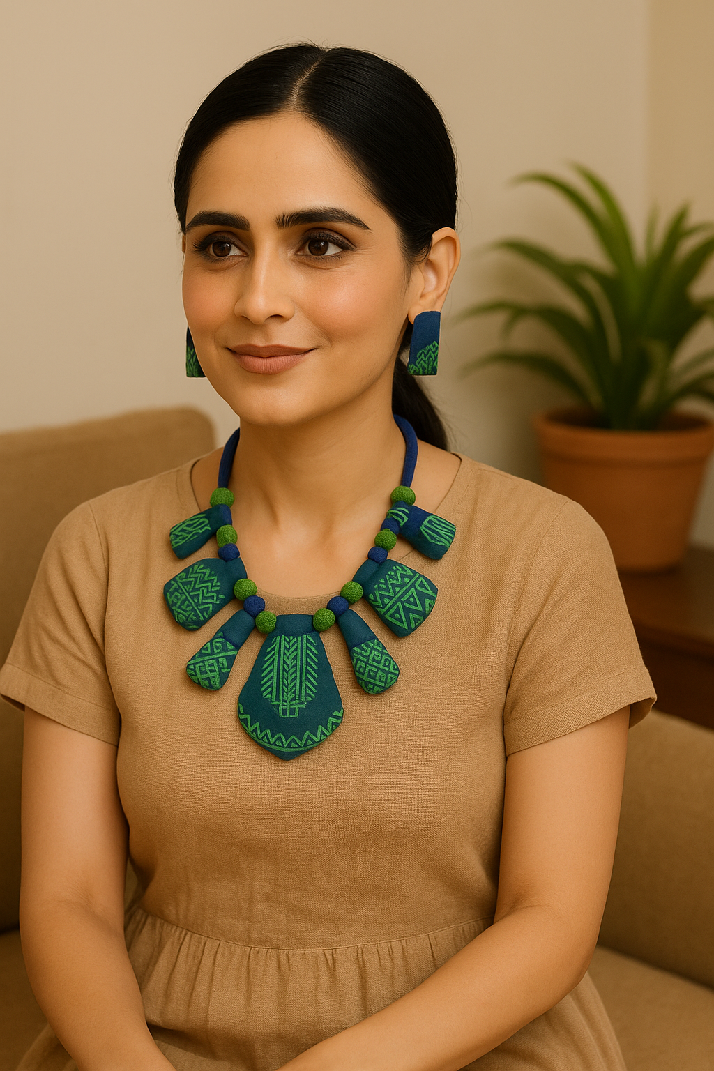 Blue and Green Fabric Necklace Set