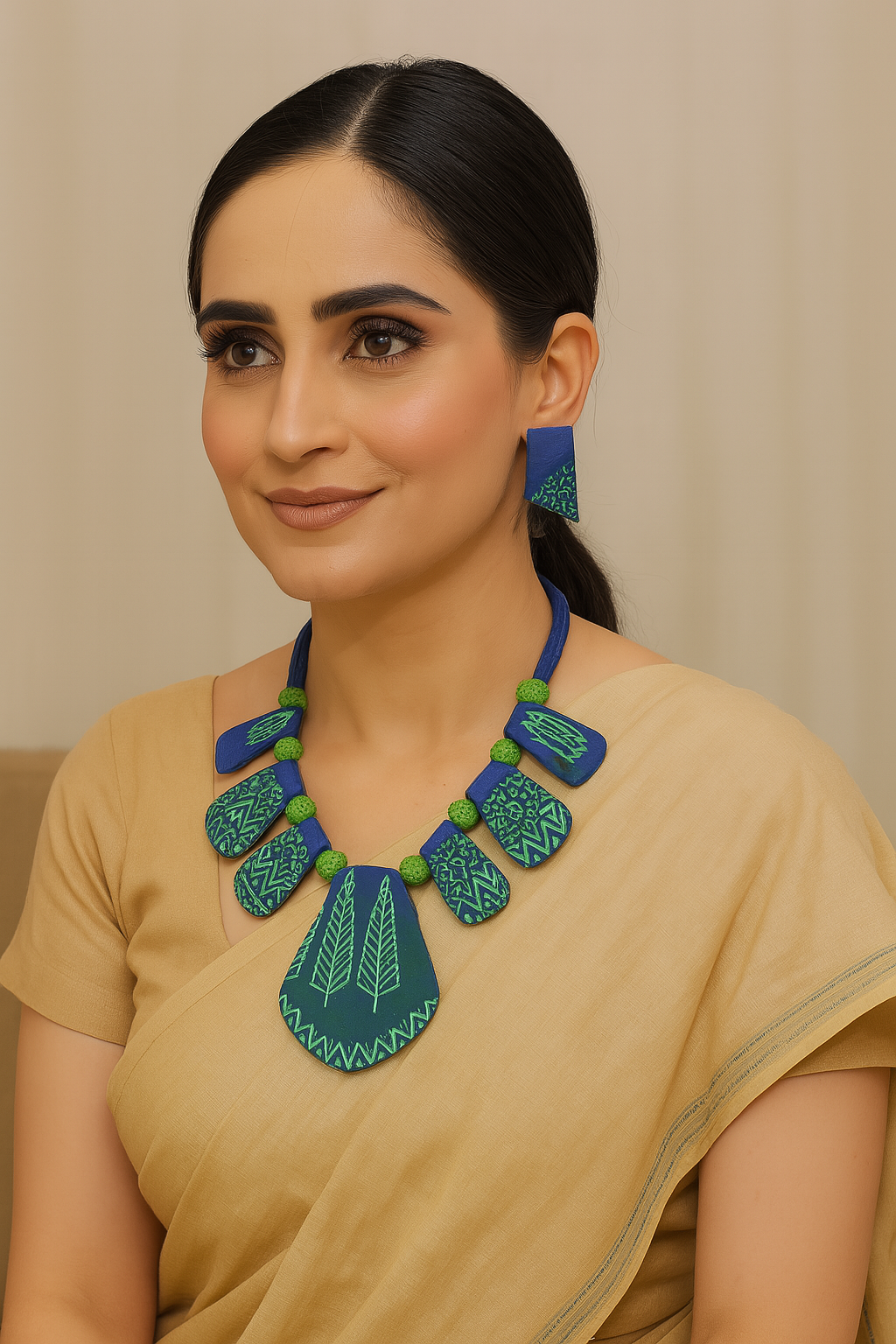 Blue and Green Fabric Necklace Set