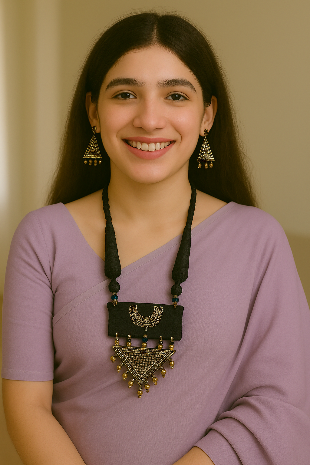 Ikat Fabric Necklace Set with Antique Gold Finish Metal Accents