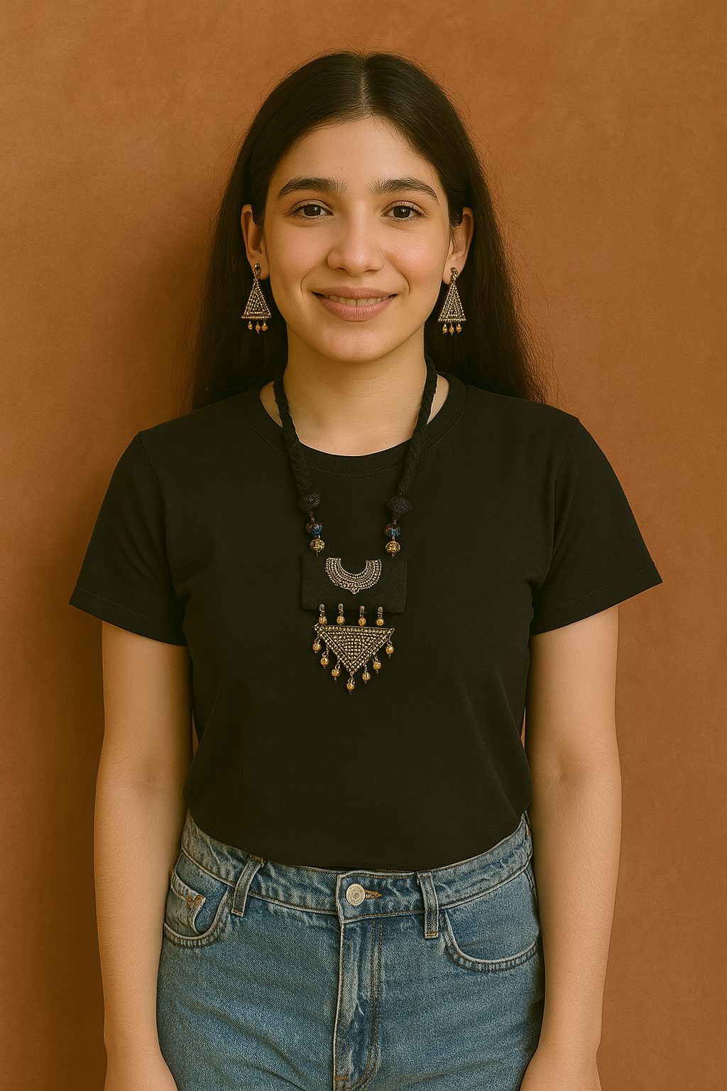 Ikat Fabric Necklace Set with Antique Gold Finish Metal Accents