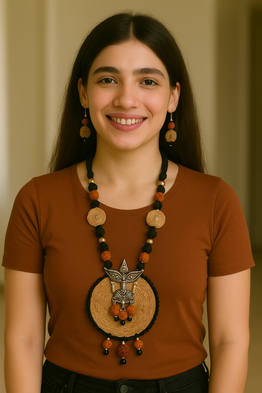 Jute, Fabric Beads and Rudraksha Durga Motif Necklace Set