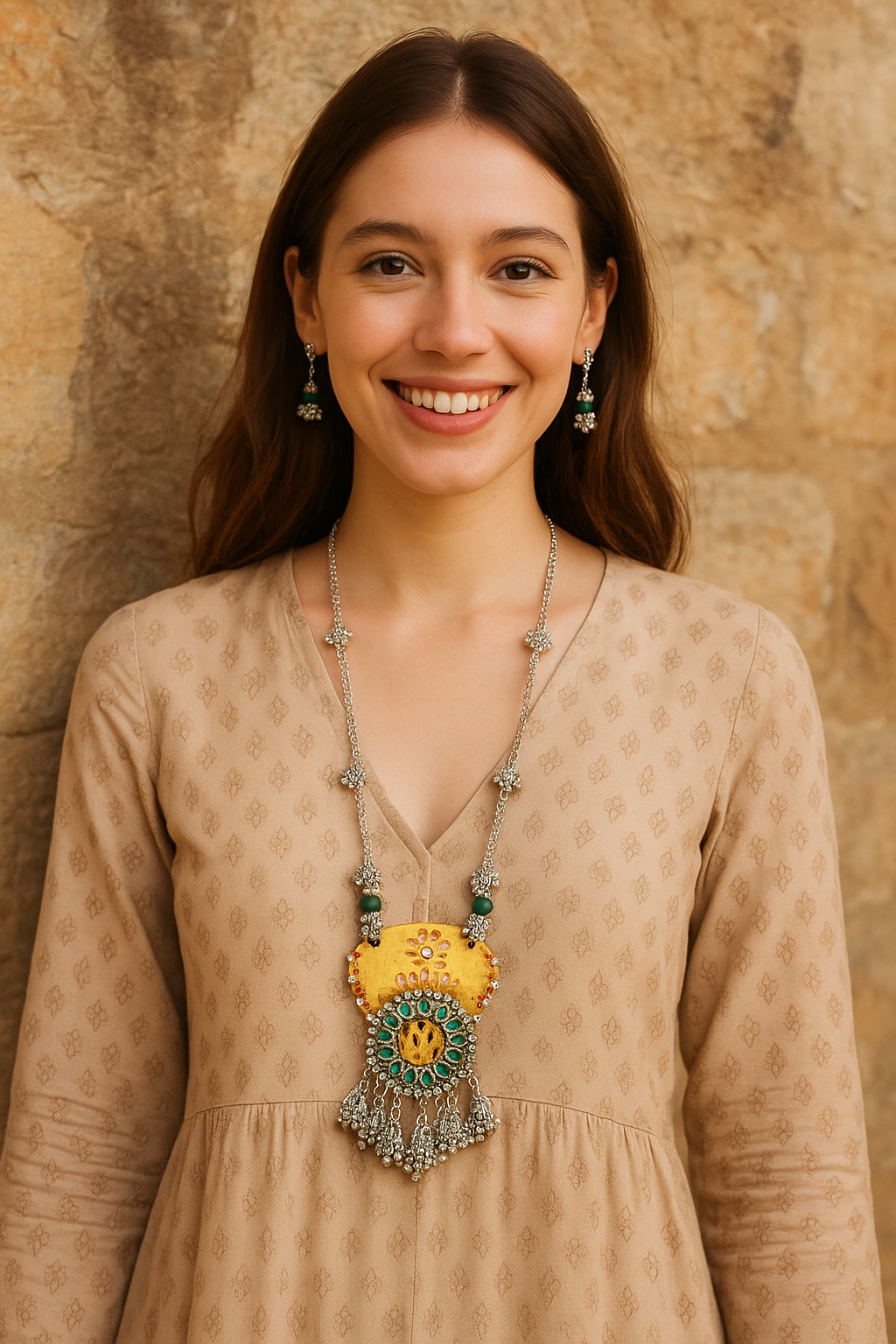 Mustard Fabric Pendant Silver Finish Metal Necklace Set