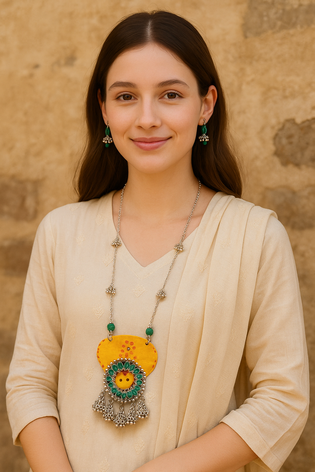 Mustard Fabric Pendant Silver Finish Metal Necklace Set