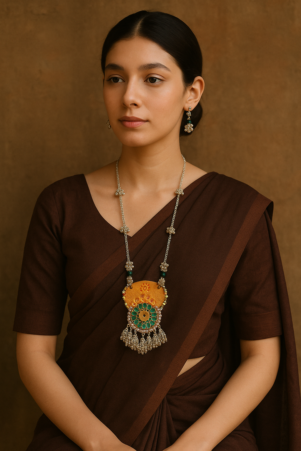 Mustard Fabric Pendant Silver Finish Metal Necklace Set