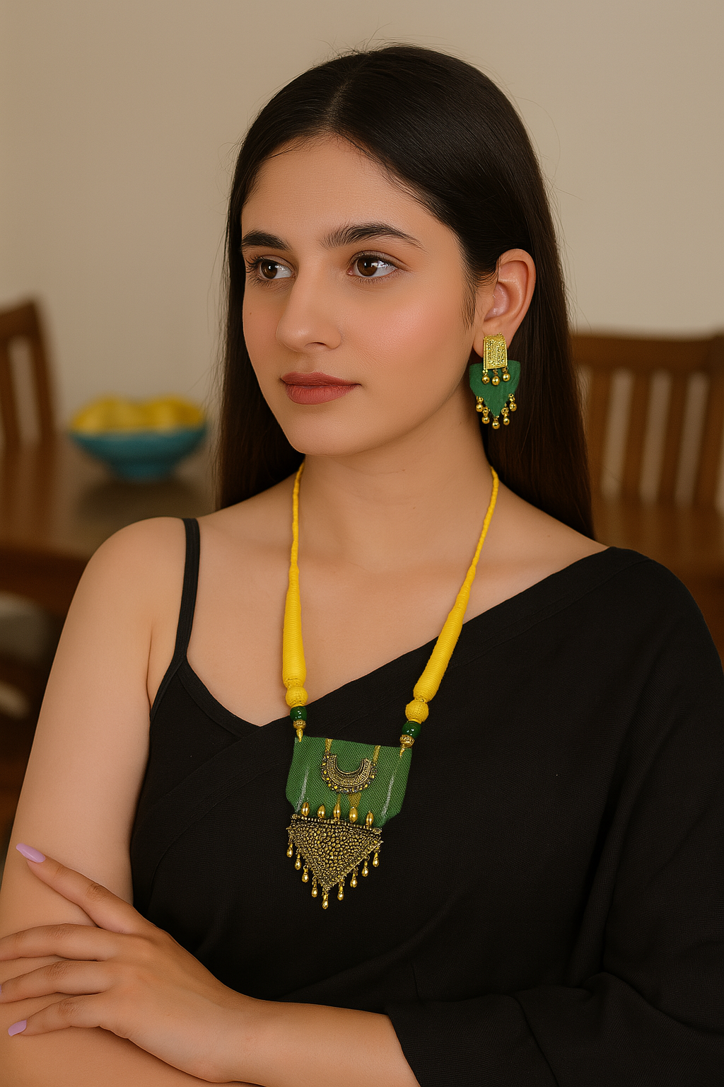 Yellow & Green Fabric and Antique Gold Finish Metal Pendant Necklace Set